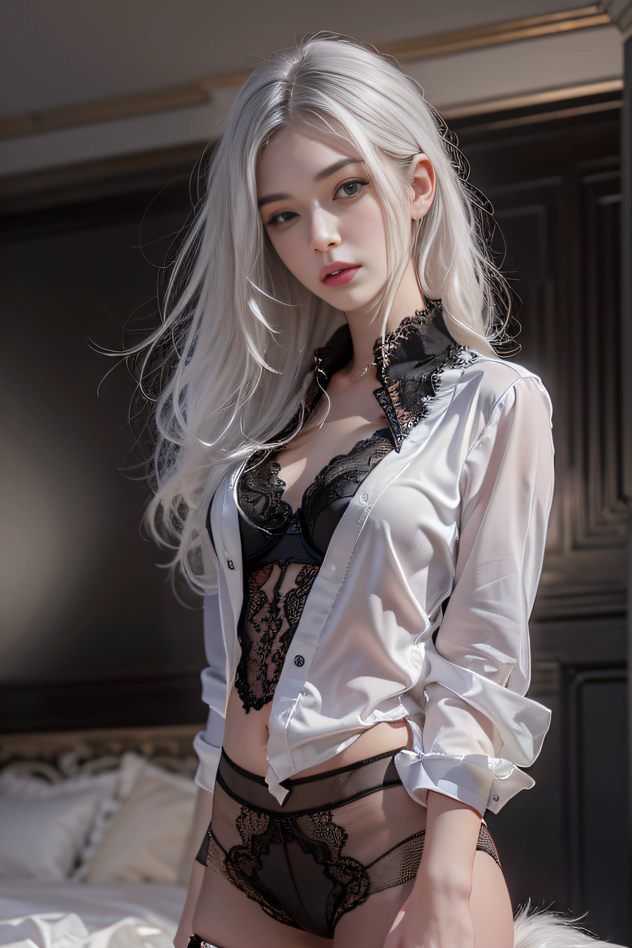 Portrait photo of a girl, Photorealistic, High resolution, 1 Women, Solo, waist-up, Beautiful eyes, Close lips, Detailed face, White hair, Long hair, open front collar shirt,(You can see a black lace bra) Fur coat, Stockings、(woman standing in front of a fur bed）Full Body Angle、((Black lace panties are visible))、