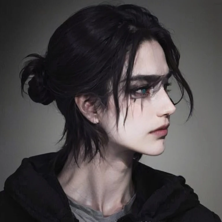 1man,eren yeager,brown hair,short ponytail,black jacket,green eyes,pale
