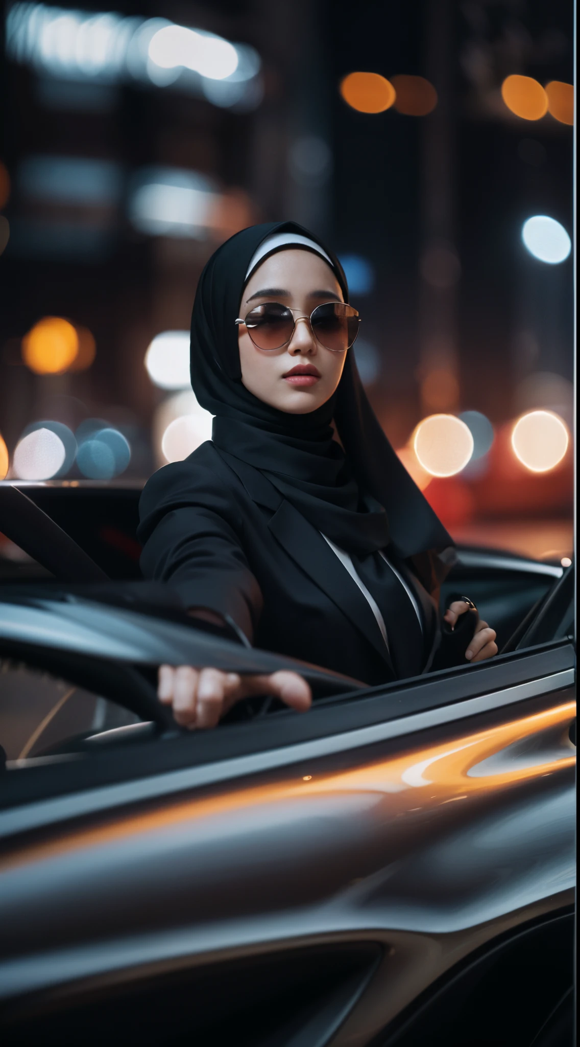 (masterpiece:1.2, best quality), 8k,Sharp focus, 1 cool adult woman in hijab posing infront a sports car, long and waving hijab, windy, Wearing sunglasses, Wearing a black suit with a white shirt and tie,Dynamic pose, Night city background with beautiful lighting, bokeh, close up shot,