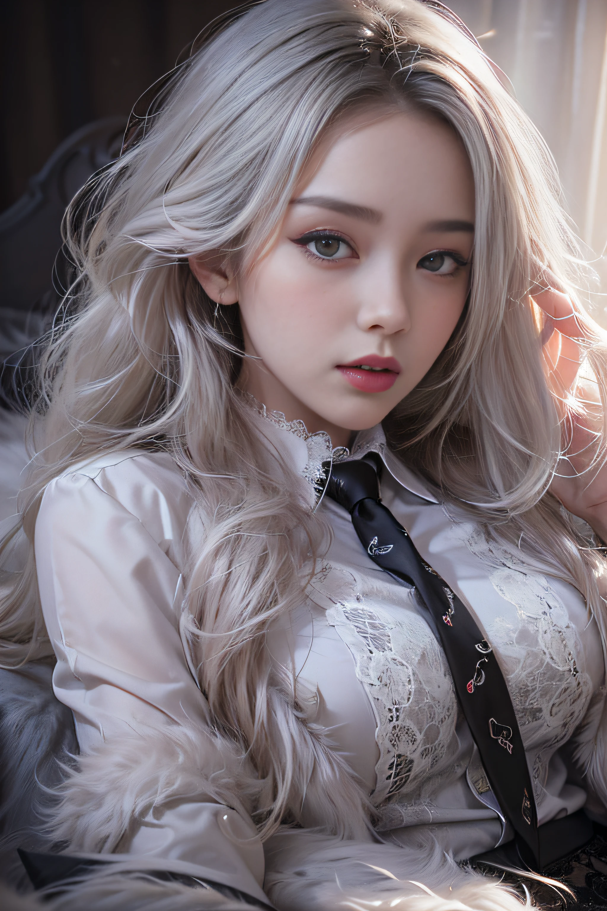 Portrait photo of a girl, Photorealistic, High resolution, 1 Women, Solo, waist-up, Beautiful eyes, Close lips, Detailed face, White hair, Long hair, Collared shirt, black necktie,Black skirt, pencil skirts, Fur coat, Stockings、(Woman lying with head up on a fur bed)Full Body Angle、((Eyes closed))、le woman)Full Body Angle、Taheso、full body Esbian、Photorealsitic、Skin highlights、largeeyes、Medium Boob、(Light shines on the face and chest)、(((((underboob)))))、Lower breast、Oily skin、skinny、 (Sexy uniform with a slight view of the underside of the chest)、(Visible lower milk、Uniform with navel and ribs visible)、Super Ultra Mini Skirt with visible hipbones and lower abdomen 、sensual face、A woman with a provocative smile,((leave the skirt to me、lift up skirt)),((Black lace panties are visible))