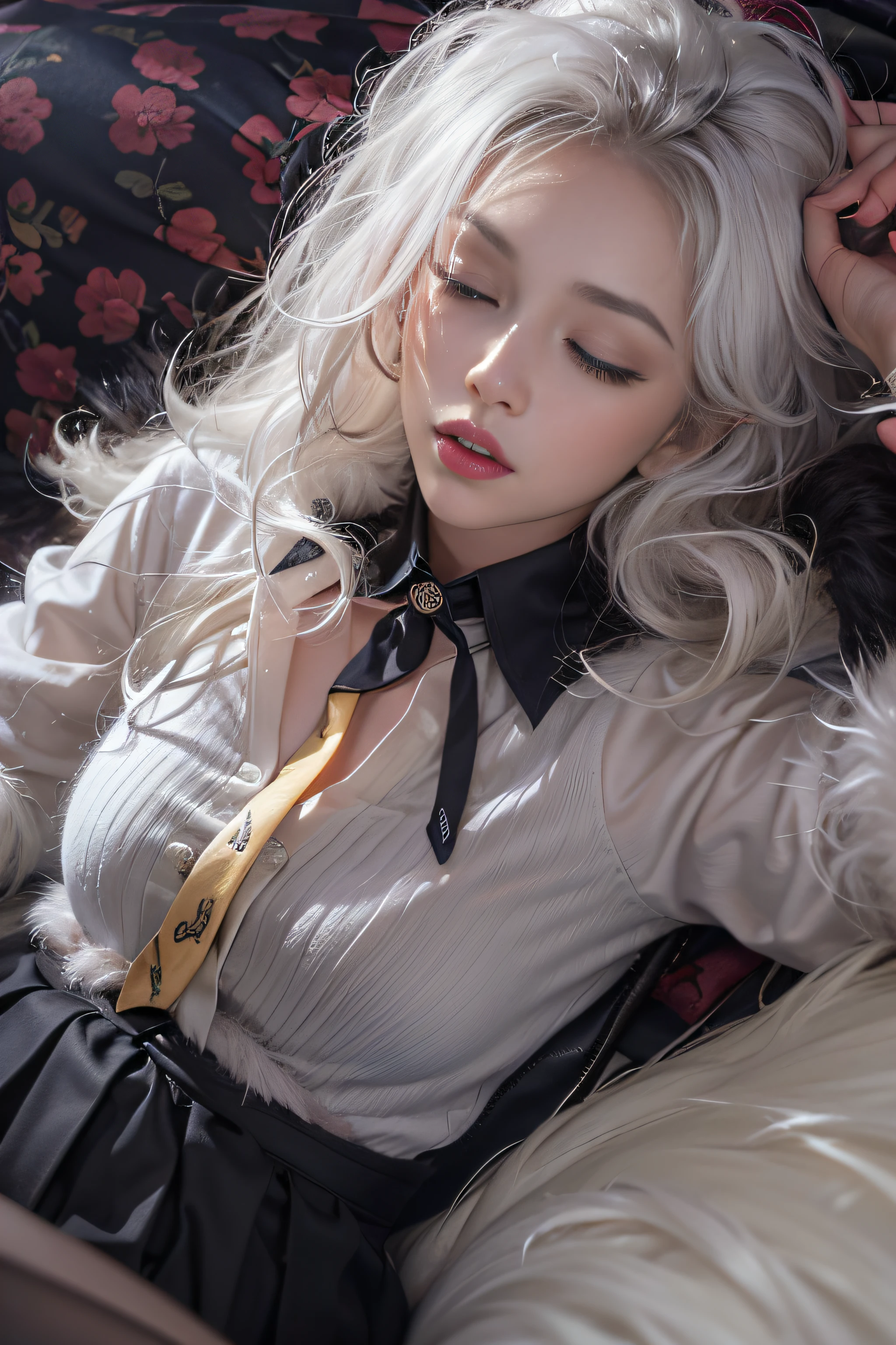 Portrait photo of a girl, Photorealistic, High resolution, 1 Women, Solo, waist-up, Beautiful eyes, Close lips, Detailed face, White hair, Long hair, Collared shirt, black necktie,Black skirt, pencil skirts, Fur coat, Stockings、(Woman lying with head up on a fur bed）Full Body Angle、((Eyes closed))、