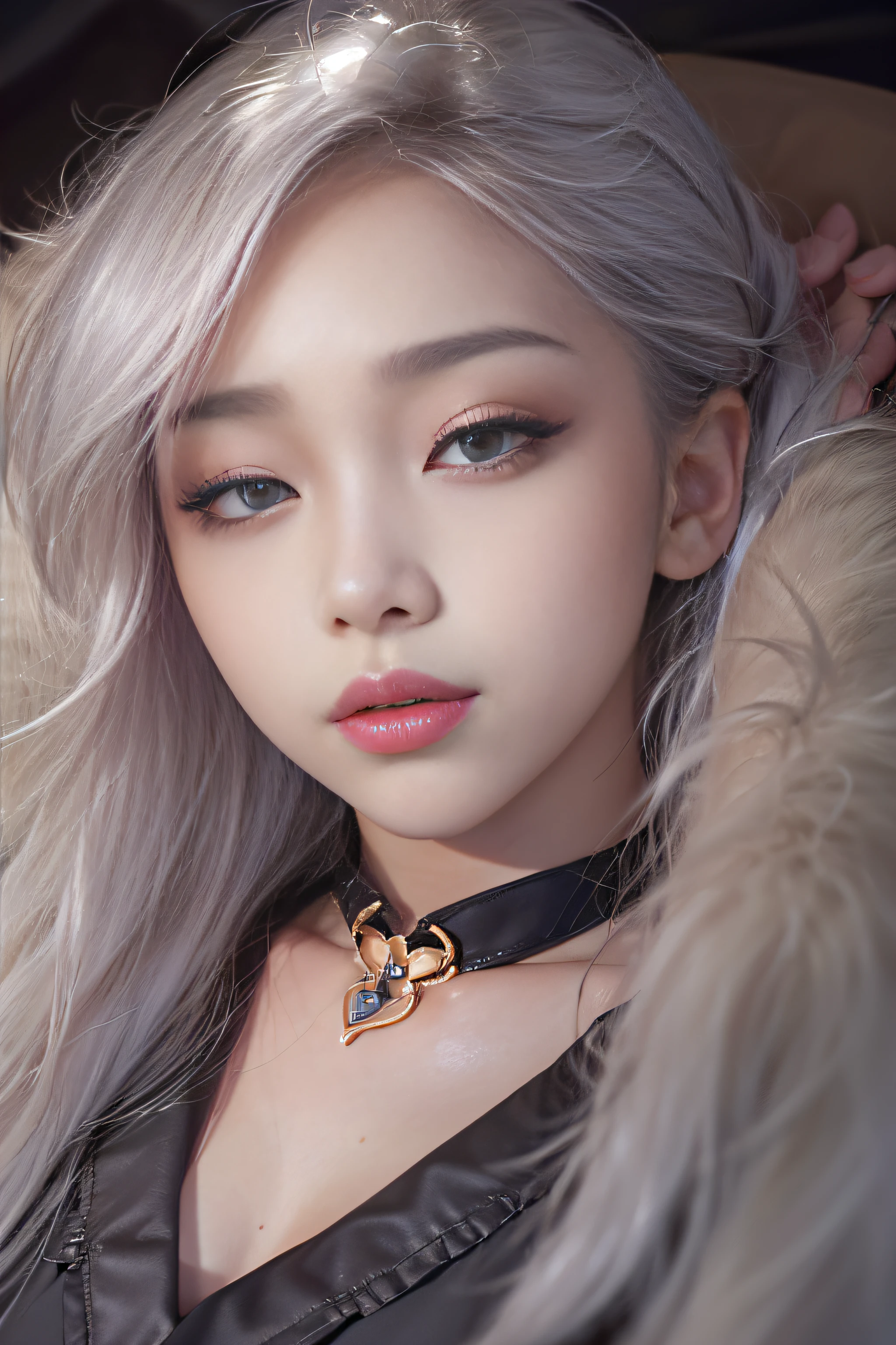 Portrait photo of a girl, Photorealistic, High resolution, 1 Women, Solo, waist-up, Beautiful eyes, Close lips, Detailed face, White hair, Long hair, Collared shirt, black necktie,Black skirt, pencil skirts, Fur coat, Stockings、(Woman lying with head up on a fur bed）Full Body Angle、((Eyes closed))、le woman）Full Body Angle、Taheso、full body Esbian、Photorealsitic、Skin highlights、largeeyes、Medium Boob、(Light shines on the face and chest)、(((((underboob)))))、Lower breast、Oily skin、skinny、 (Sexy uniform with a slight view of the underside of the chest)、(Visible lower milk、Uniform with navel and ribs visible)、Super Ultra Mini Skirt with visible hipbones and lower abdomen 、sensual face、A woman with a provocative smile,((leave the skirt to me、lift up skirt)）,