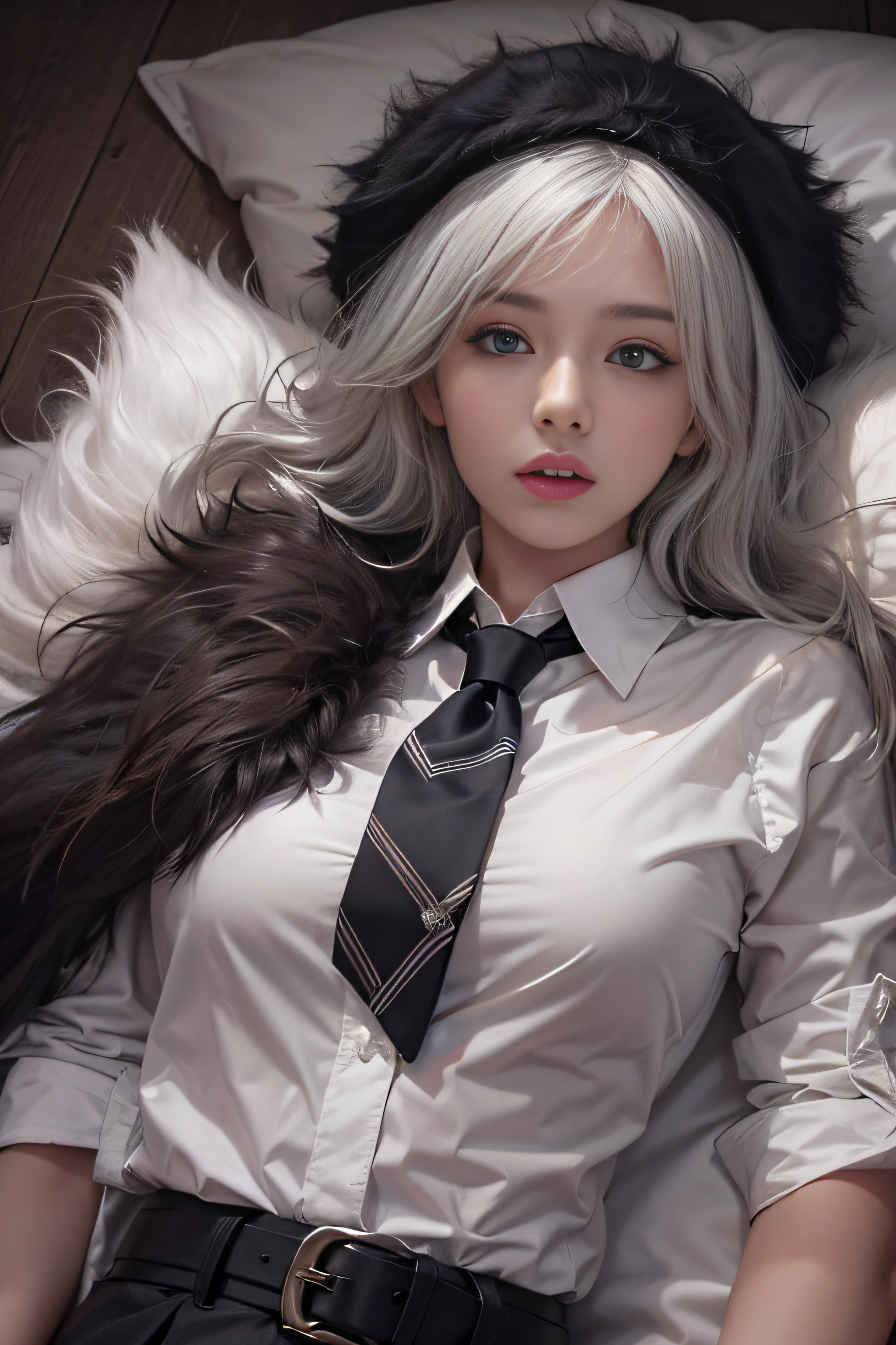 Portrait photo of a girl, Photorealistic, High resolution, 1 Women, Solo, waist-up, Beautiful eyes, Close lips, Detailed face, White hair, Long hair, Collared shirt, black necktie,Black skirt, pencil skirts, Fur coat, Stockings、(woman lying on a fur bed）、Shyness