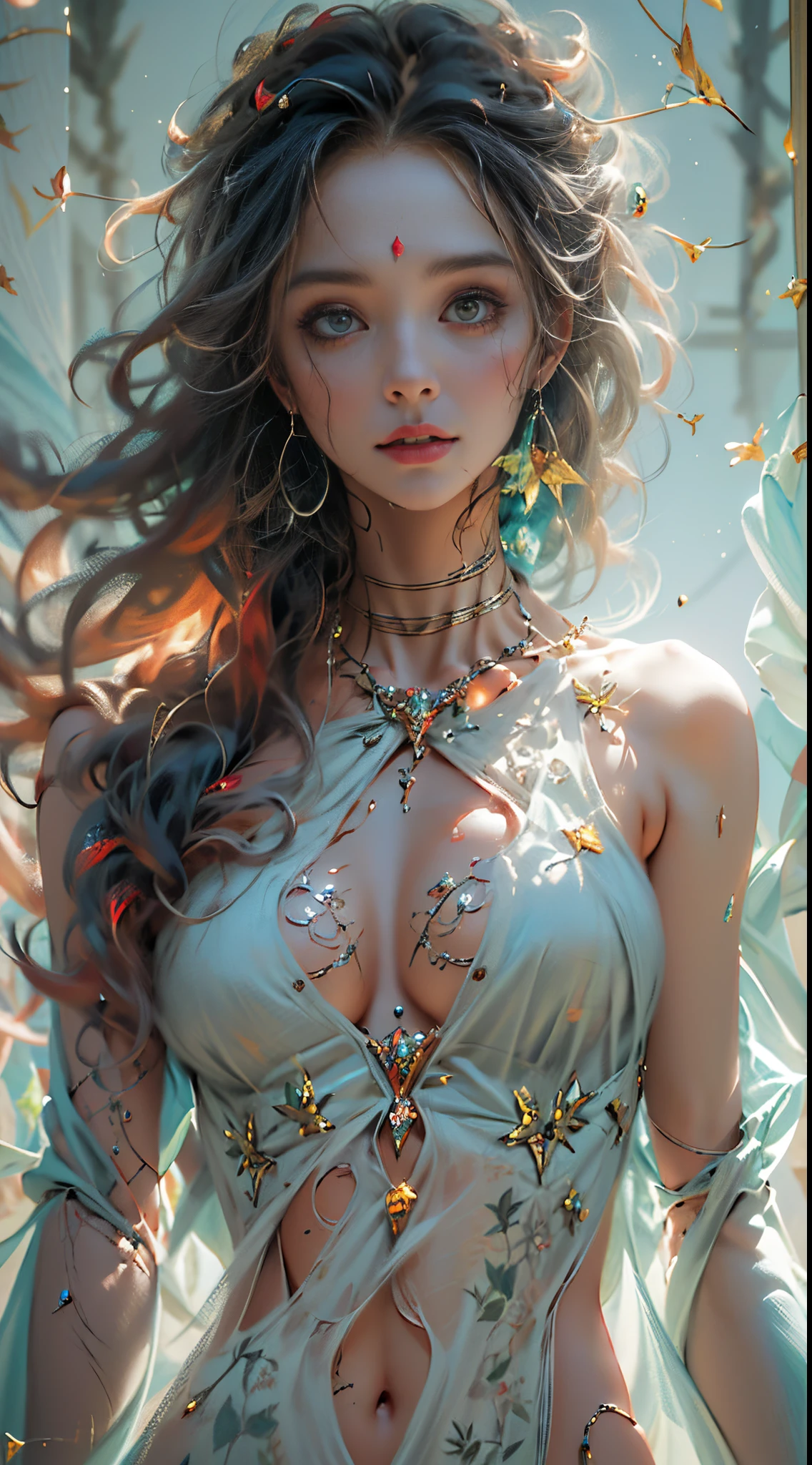 Highly detailed RAW color photo, toned physique, (elegant, beautiful face), (detailed skin), (oil: 0.4), (Tesla coil: 0.4), soft lighting, (side lighting: 0.8), shadow casting, deep focus, shot on Leica 10772 M-P, 85mm macro lens, f/8 aperture, film still image, (a woman in a white lace dress holding a fireball with body horror body: 1.2), gold wire butterfly flying background, Concept art inspired by Ai Xuan, Artstation Contest Winner, Fantasy Art, Beautiful Celestial Mage, Body Horror Fantasy Empress, Full Body Fairy, Amazing Young Ethereal Figures, Beautiful Figure Painting, Beautiful Young Wind Spirit, Flowing Magic Robe, Beautiful Witch, Goddess of Terror, Beautiful Witch, Long Hair, Stylish Princess, (Very Detailed Face) (Very Detailed and Expressive Eyes), , Exposed Clothes, (Wet floor: 1.4), (Body horror zombie creature on floor: 1.2)