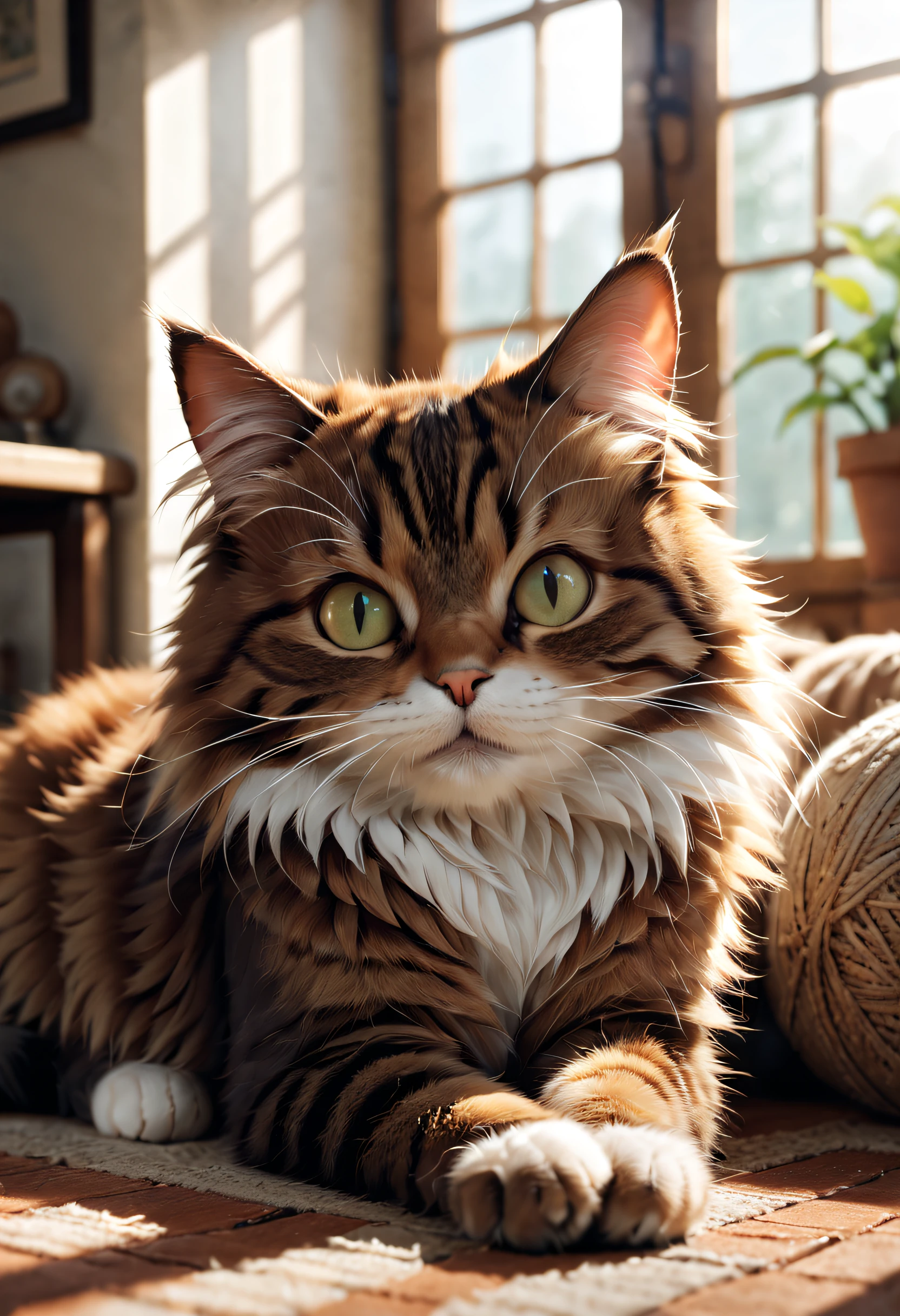 best quality,ultra-detailed,realistic:1.37,pets,cat,furry,lovely detailed eyes,soft fur,whiskers,playful expression,paws,curious posture,companion,adorable,cute,domestic,warm environment,natural light,cozy atmosphere,vivid colors,cute little ears,fluffy tail,lazy afternoon,napping,stretching,relaxed,comfortable,sunshine pouring in,playful shadows,peaceful setting,quiet surroundings,cat toys,catnip,scratching post,naptime sanctuary,gentle,loving,carefree,portrait.