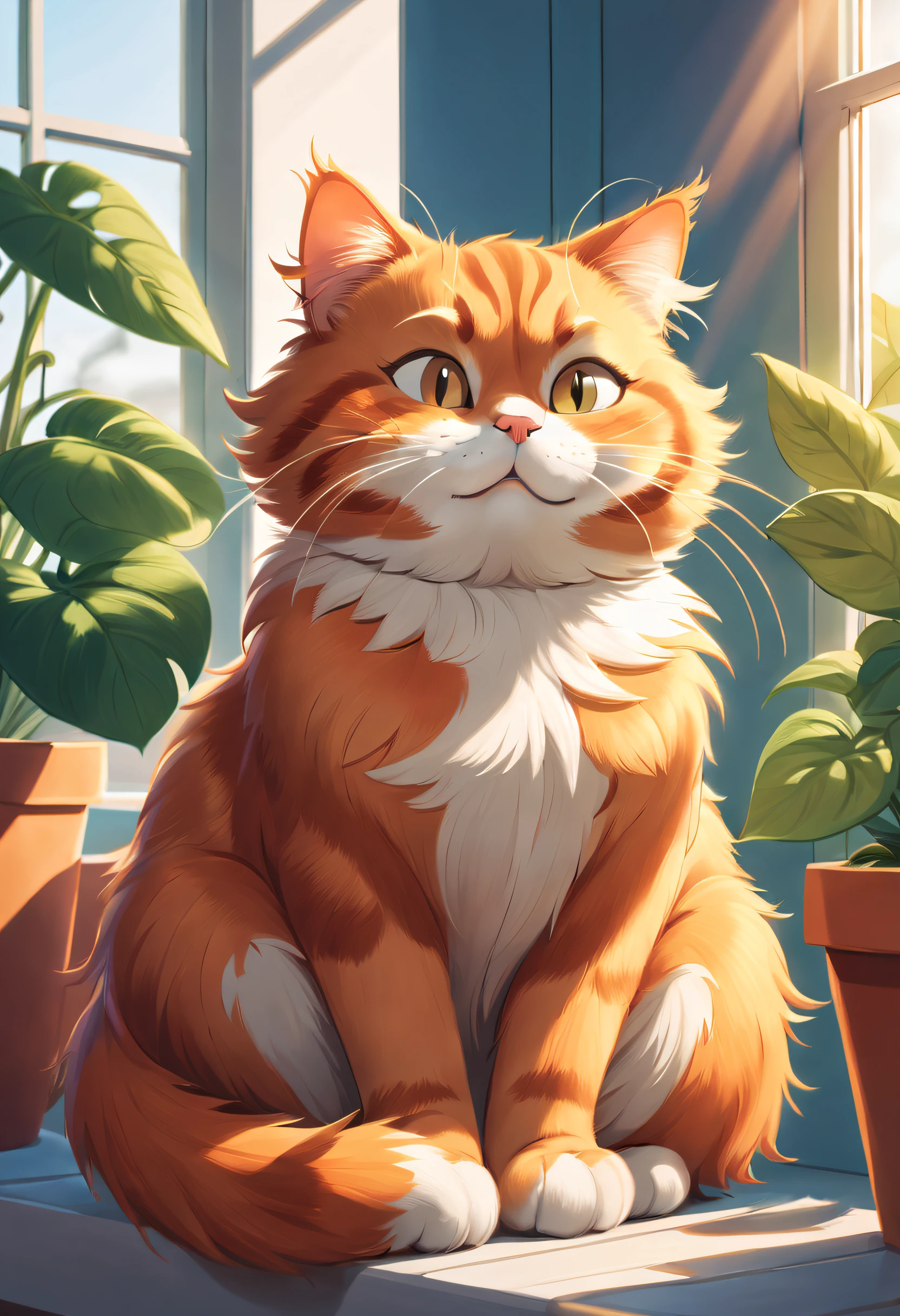 a playful Garfield cat, medium: colored pencil illustration, fluffy orange fur, mischievous expression, round belly, lazy and happy, sitting on a windowsill, sunlight streaming through, surrounded by potted plants, cozy home feeling, highres, vibrant colors, soft shading, warm and cozy lighting