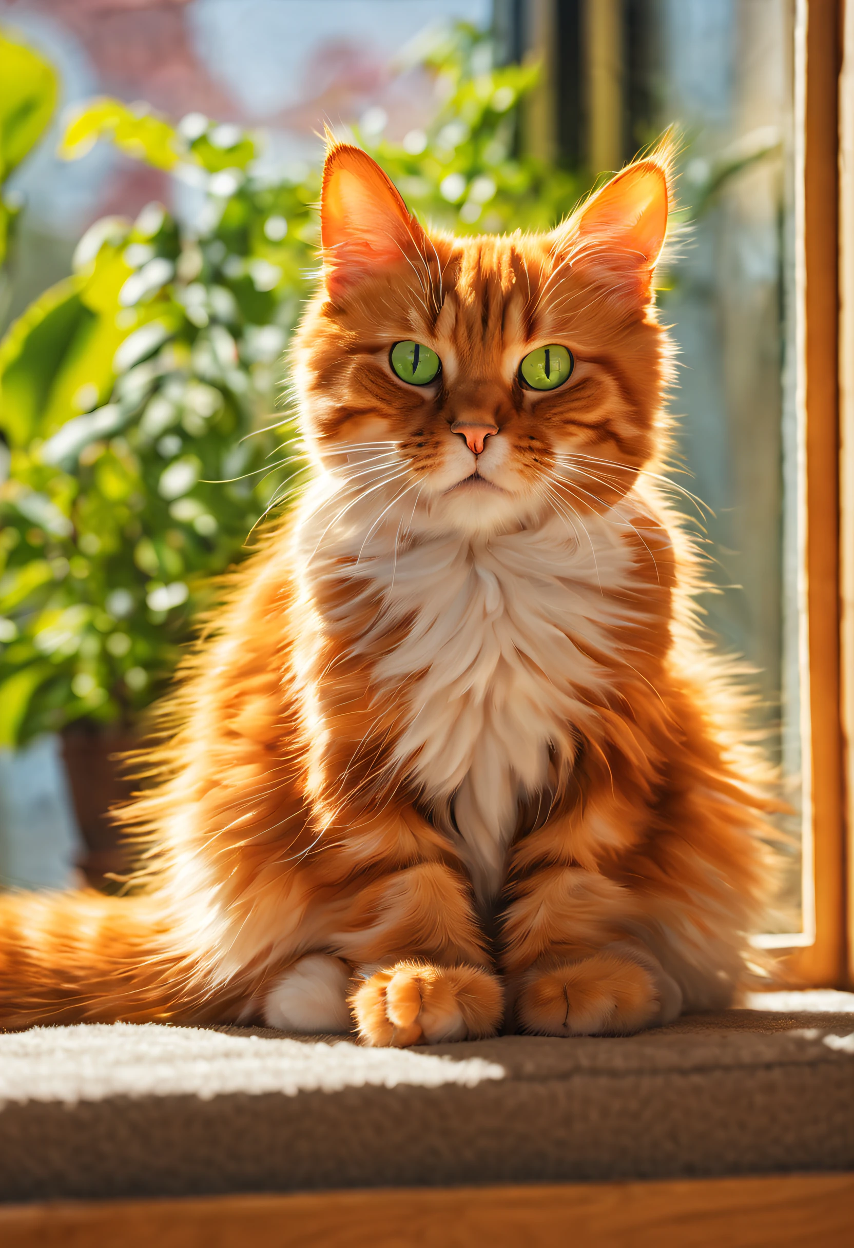 A playful orange Garfield cat, sitting lazily on a sunlit windowsill, gazing at the outside world. The fur is beautifully textured, with vibrant shades of orange and golden stripes. The cat's eyes are vivid green, sparkling with curiosity and mischief. The whiskers are long and elegant, framing the cute pink nose and expressive mouth. The sunlight streams through the window, casting warm and gentle rays on the cat's soft fur. The background is filled with green plants, giving a fresh and lively atmosphere. The art style is a blend of illustration and photorealism, capturing the cat's charming and playful nature. The color tones are warm and inviting, creating a cozy and delightful scene. The lighting is soft and natural, accentuating the cat's features and adding depth to the overall composition. The image quality is of the highest standard, with ultra-detailed fur and realistic textures. It's a masterpiece in every sense, capturing the essence of the adorable Garfield cat in all its glory.