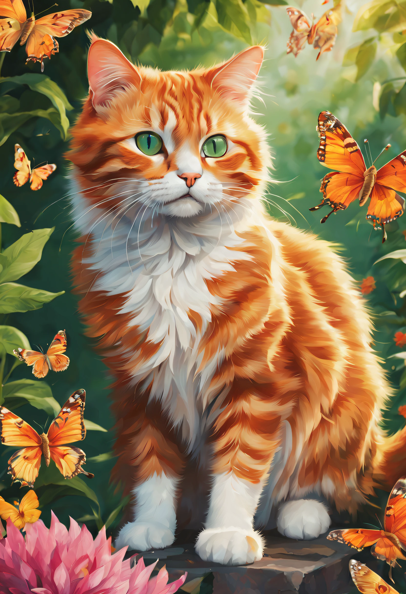 A cartoon portrait of a fluffy Garfield cat with vibrant orange fur, expressive and mischievous eyes, and a smirking mouth. The cat is sitting lazily on a windowsill, with sunlight softly illuminating its fur. The artwork is created in a colorful and lively style resembling a playful illustration. The background features a cozy living room with a comfy sofa and a cat tree. The cat is surrounded by playful details, such as scattered cat toys, a bowl of food, and a scratching post. The overall image quality is of the highest standard, with ultra-fine painting details and vivid colors. The lighting is warm and natural, highlighting the cat's adorable features.