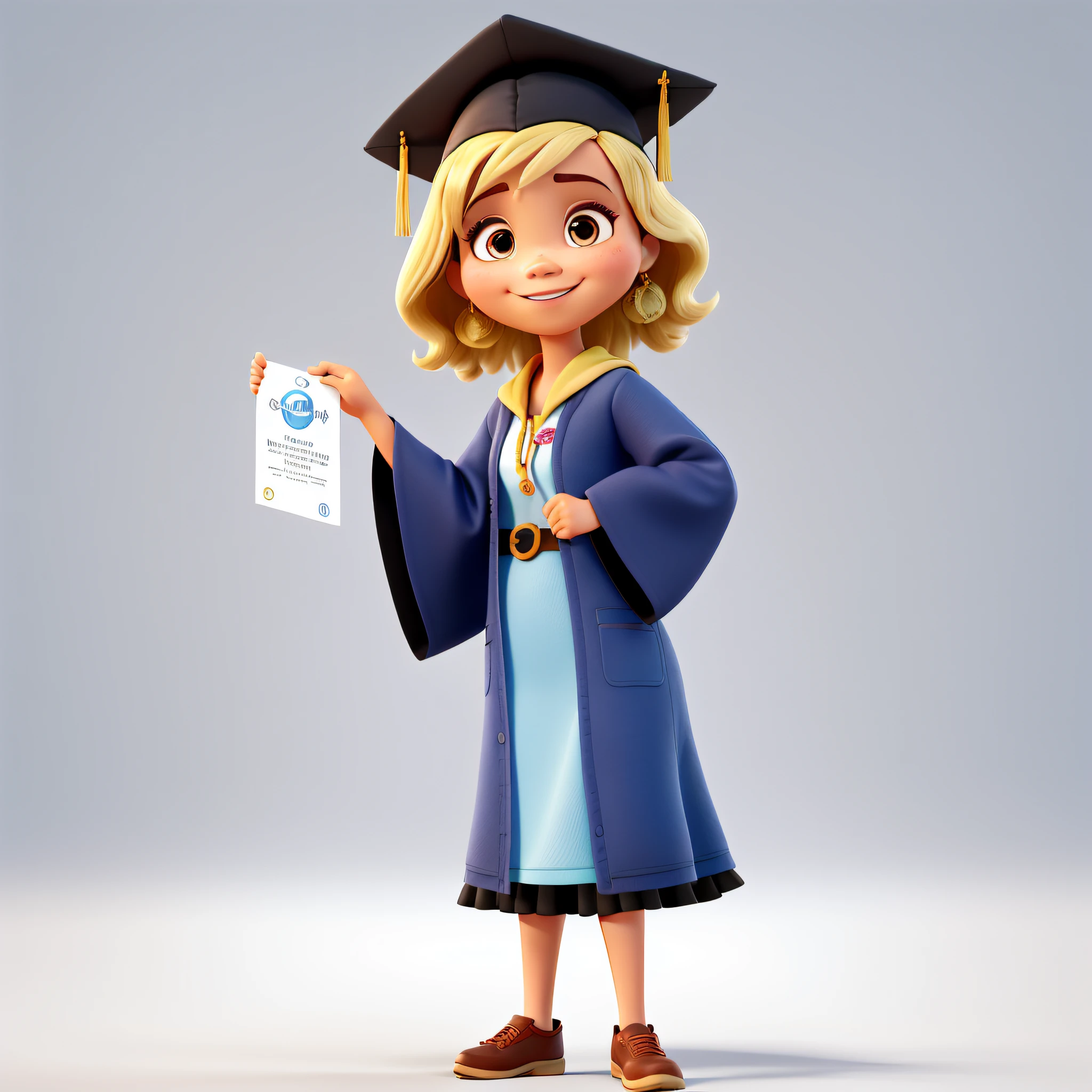 poster estilo 3D disney pixar, uma meiga e feliz de corpo inteiro, pele clara, cabelo no ombro , cor do cabelo loiro, olhos marrom, esta com uma beca de formatura comprida , segurando um diploma, fundo da imagem branca