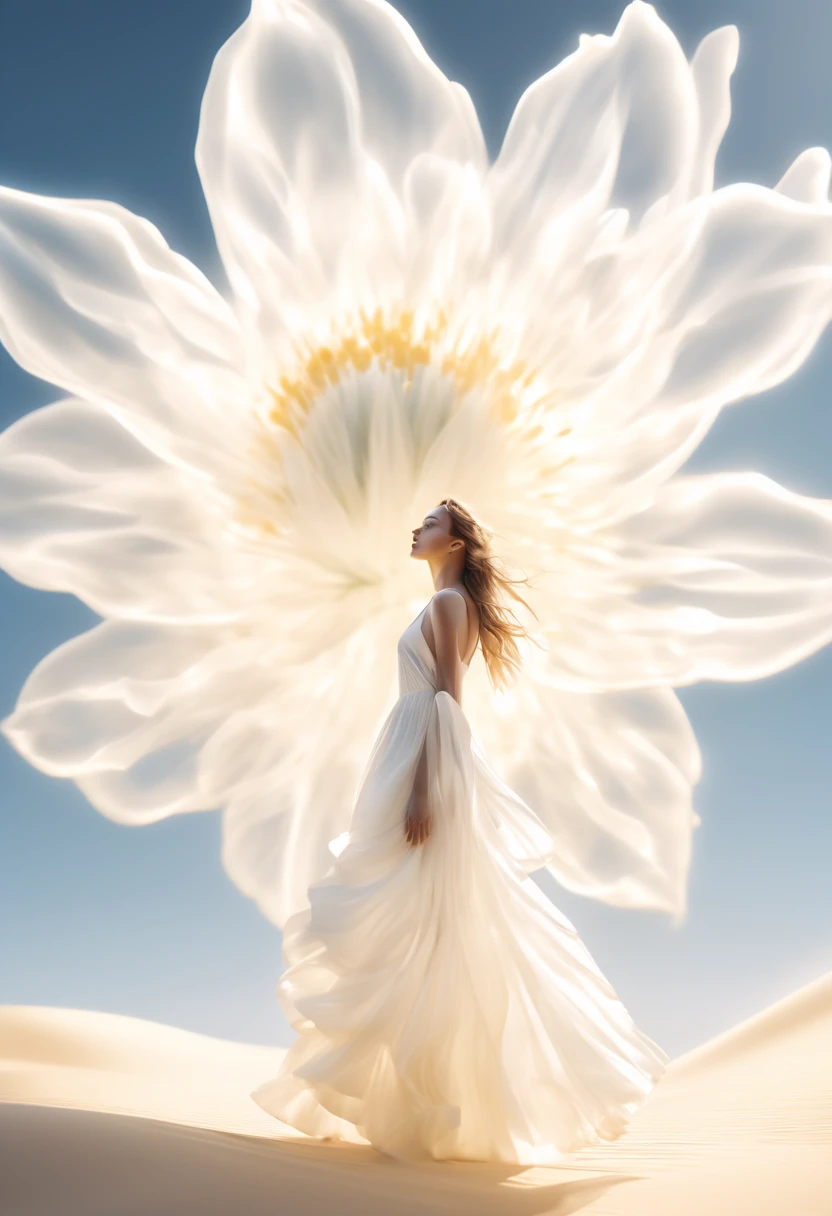 Low Angle of view,In the desert,a beautiful girl in a white dress standing in front of a flower,in the style of translucent immersion, voluminous forms, national geographic photo, luminous 3d objects,fluid formation