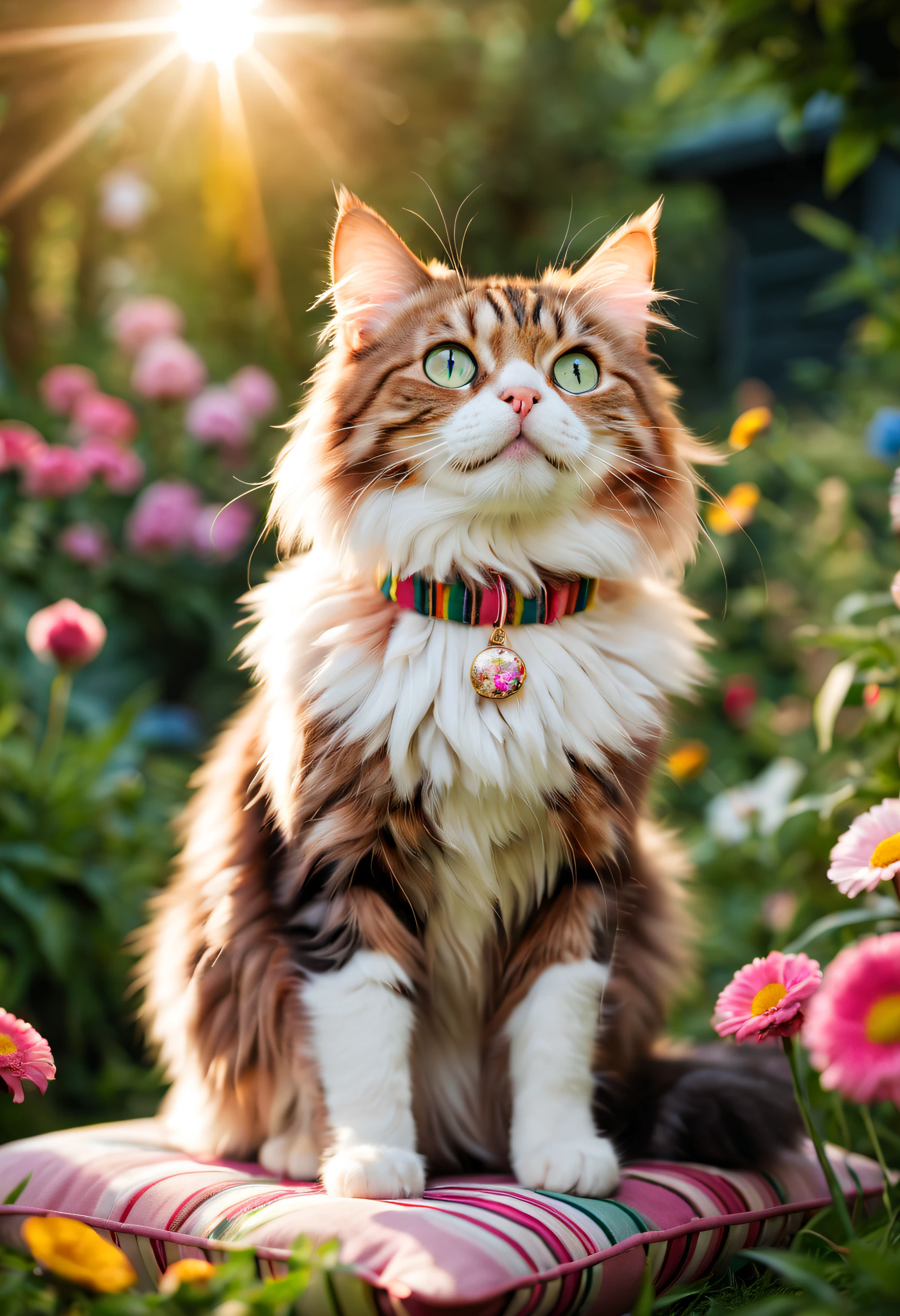a cute and fluffy female cat, with big and expressive green eyes, a pink nose, and a playful expression, sitting on a cozy cushion in a sunny garden, surrounded by vibrant and colorful flowers, enjoying the warmth of the sunrays. The cat has beautiful striped fur and a long fluffy tail, making it look even more adorable. The garden is filled with lush green grass and tall trees, providing a serene and peaceful backdrop. The cat is wearing a small bell collar with a cute charm, adding to its charm. The overall artwork should have the highest quality and resolution, with realistic details and vivid colors. The lighting should be soft, with a warm and inviting ambiance, making the cat the focal point of the image.