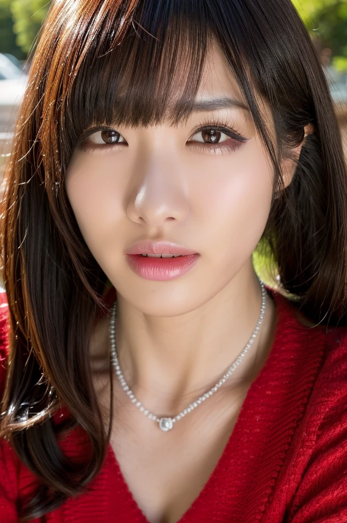 Canon RF85mm f/1.2,masterpiece,best quality,ultra highres,vc,1girl, solo, (arisugawa natusha:1.2), orange hair, (korean mixed,kpop idol:1.2), white_shiny_skin, black eyes, necklace, red_shiny_lips, eyelashes, bangs, aface, make-up, shiny, Pore, skin texture, red jacket, black dress, see-through, big breasts, cleavage