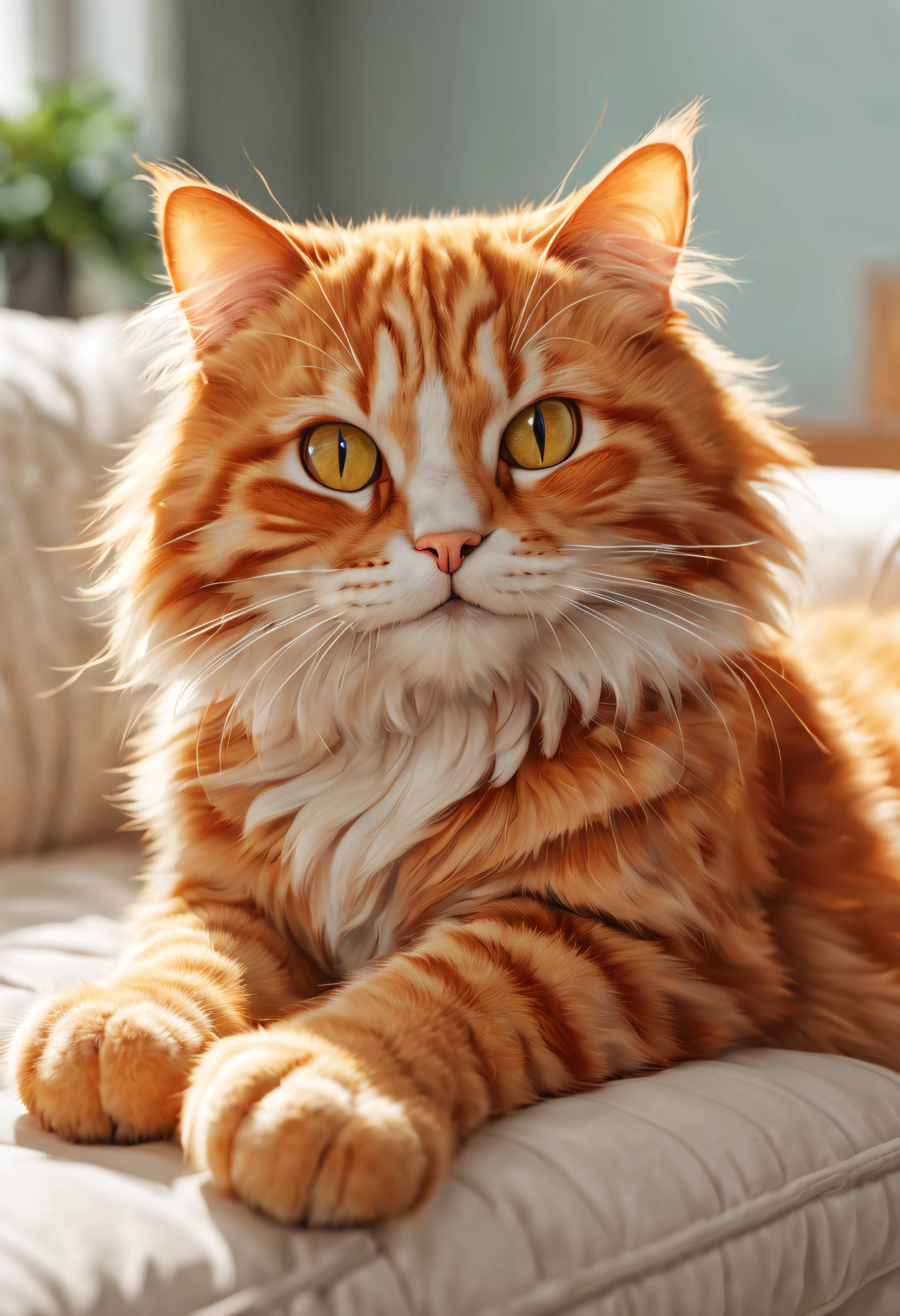 A cartoon portrait of a fluffy Garfield cat with vibrant orange fur, expressive and mischievous eyes, and a smirking mouth. The cat is sitting lazily on a windowsill, with sunlight softly illuminating its fur. The artwork is created in a colorful and lively style resembling a playful illustration. The background features a cozy living room with a comfy sofa and a cat tree. The cat is surrounded by playful details, such as scattered cat toys, a bowl of food, and a scratching post. The overall image quality is of the highest standard, with ultra-fine painting details and vivid colors. The lighting is warm and natural, highlighting the cat's adorable features.