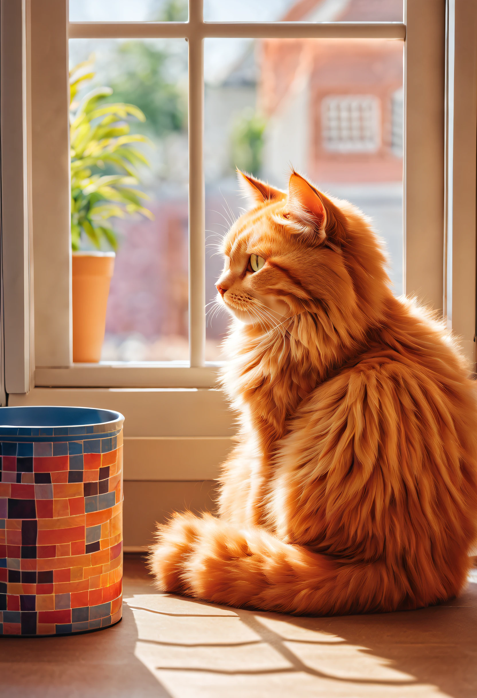 A cartoon portrait of a fluffy Garfield cat with vibrant orange fur, expressive and mischievous eyes, and a smirking mouth. The cat is sitting lazily on a windowsill, with sunlight softly illuminating its fur. The artwork is created in a colorful and lively style resembling a playful illustration. The background features a cozy living room with a comfy sofa and a cat tree. The cat is surrounded by playful details, such as scattered cat toys, a bowl of food, and a scratching post. The overall image quality is of the highest standard, with ultra-fine painting details and vivid colors. The lighting is warm and natural, highlighting the cat's adorable features.