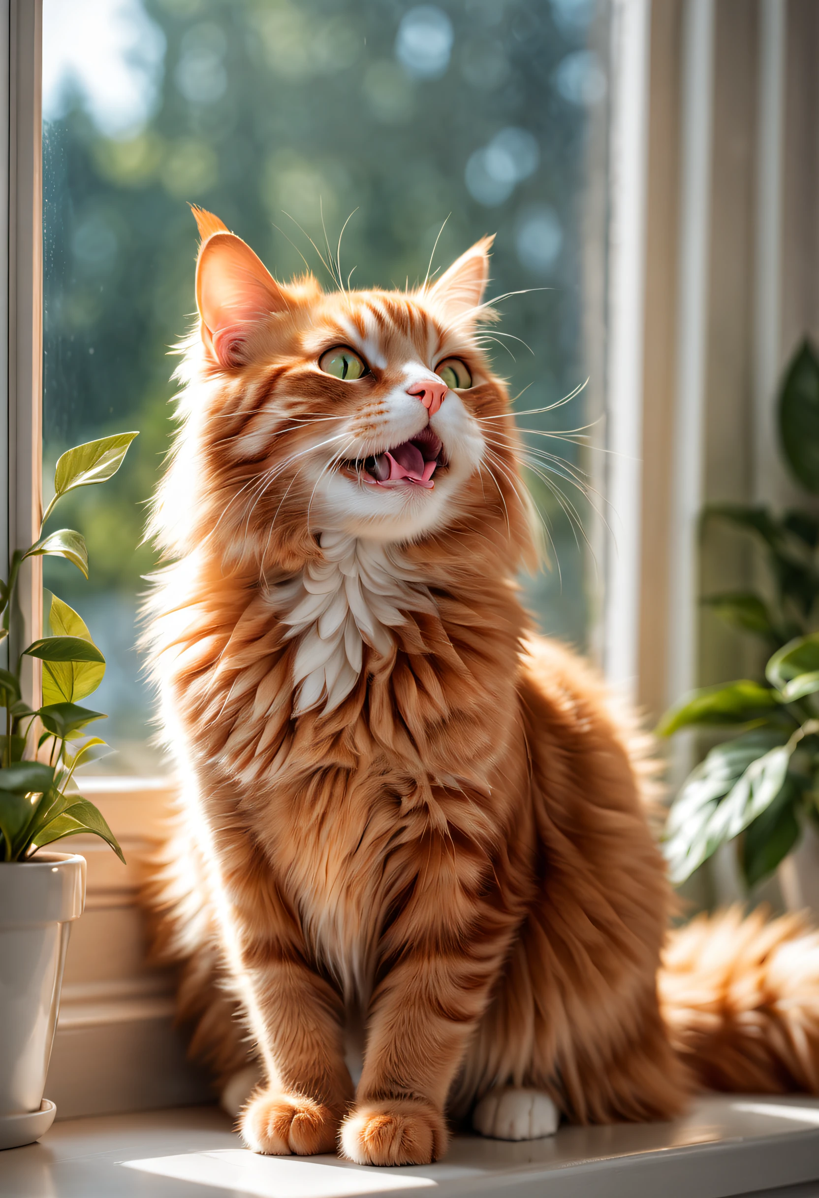 (a playful and mischievous orange tabby cat,fluffy fur:1.1), (vibrant colors), (portrait,realistic:1.37), (bright sunlight,soft shadows), (lively expression:1.1), (curious eyes), (little pink nose), (adorable rounded face), (whiskers), (sharp focus), (detailed fur texture), (sitting on a windowsill), (watching birds outside), (playful pose), (paws resting on the windowsill), (green plants in the background), (sunlight streaming through the window), (warm and cozy atmosphere), (tempting view:1.1), (mid-afternoon), (indoor scene), (natural lighting), (calm and peaceful), (relaxed environment), (happy and content).