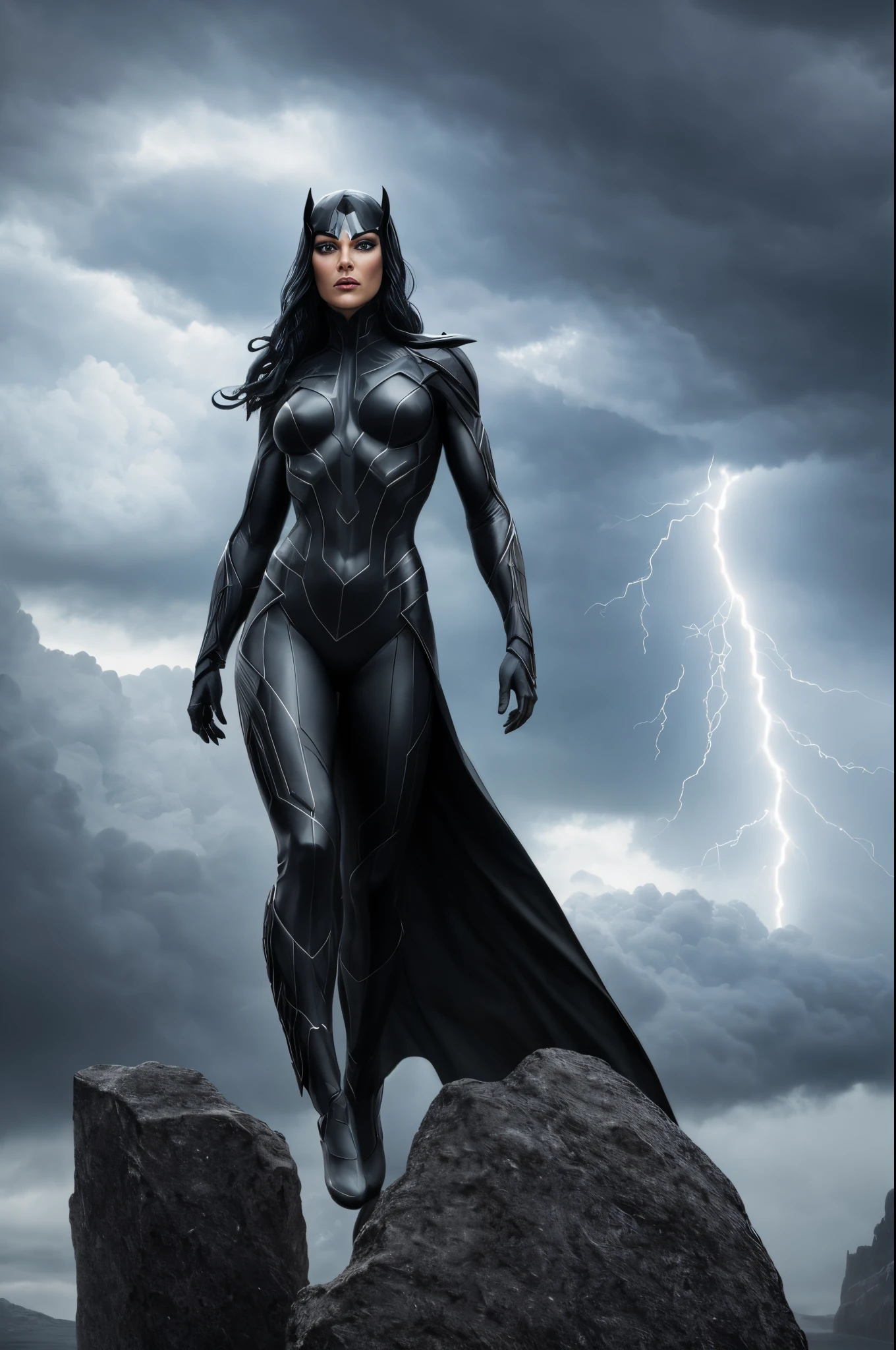 Hela statue,dynamicposes,standing on the rock:0.3,(Lightning in the background:1.4),(3/4 Views),Clint Cearley,arnold rendering,a marble sculpture,(cinematic ligh:1.4),Slate gray atmosphere,ultra - detailed,soothing tones,insanely details,low-contrast,(((full bodyesbian))),(at centre),stormy sky,epic sky,Volumetriclighting,