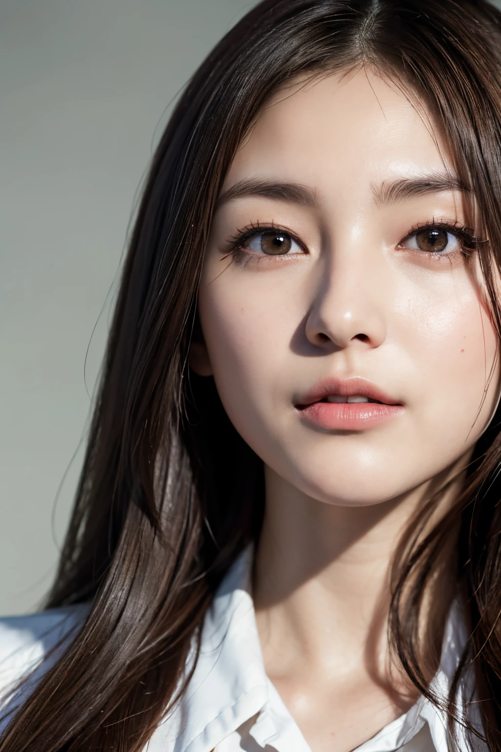 Photorealistic, masutepiece, Best Quality, Raw photo, 1girl in, Solo, Long hair, Brown hair, Detailed face, alluring face, Collared shirt, medium breasts, Dynamic Pose, Looking at Viewer, From below, Detailed background, fine detailed, intricate detailes, Ray tracing, depth of fields, lowkey, nffsw