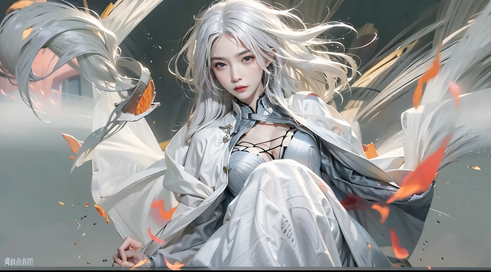 realisticlying, A high resolution, a 1 woman, Alone, hip-up, Just look at the audience, (详细的脸), White hair, kaisha
