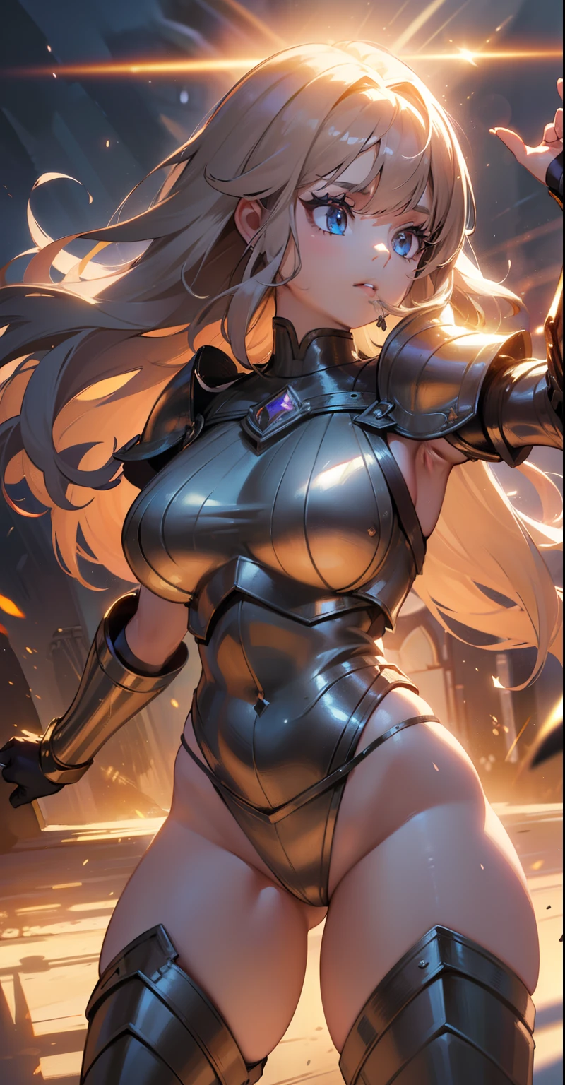 (masterpiece), (best quality), 4k resolution, (light and shadow effect), a girl, adult, ((warrior)), fair skin, (perfect eyes), eyebrow, nose, ear, mouth, lips, big hair, highlights, bangs, (light and shadow effects on the hair), diamond armor on the body, thick legs, thick thighs
