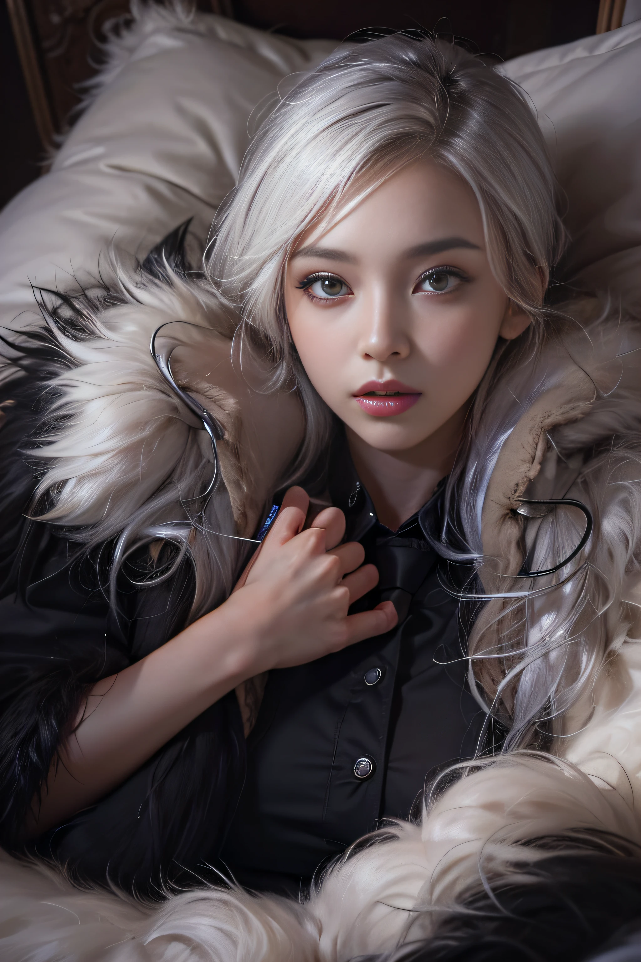Portrait photo of a girl, Photorealistic, High resolution, 1 Women, Solo, waist-up, Beautiful eyes, Close lips, Detailed face, White hair, Long hair, Collared shirt, black necktie,Black skirt, pencil skirts, Fur coat, Stockings、(woman lying on a fur bed)、Shyness