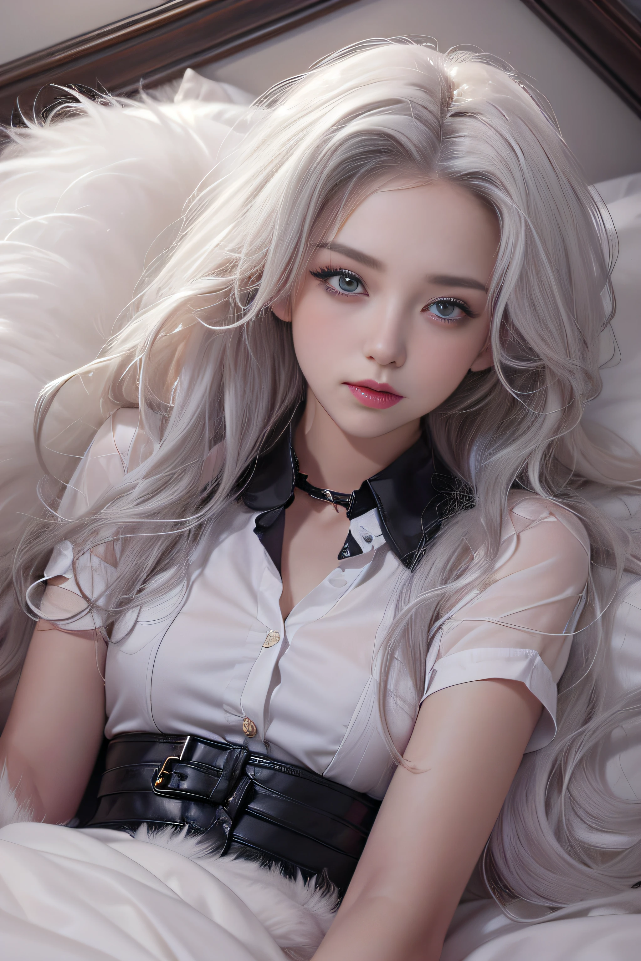 Portrait photo of a girl, Photorealistic, High resolution, 1 Women, Solo, waist-up, Beautiful eyes, Close lips, Detailed face, White hair, Long hair, Collared shirt, black necktie,Black skirt, pencil skirts, Fur coat, Stockings、(woman lying on a fur bed)、Shyness