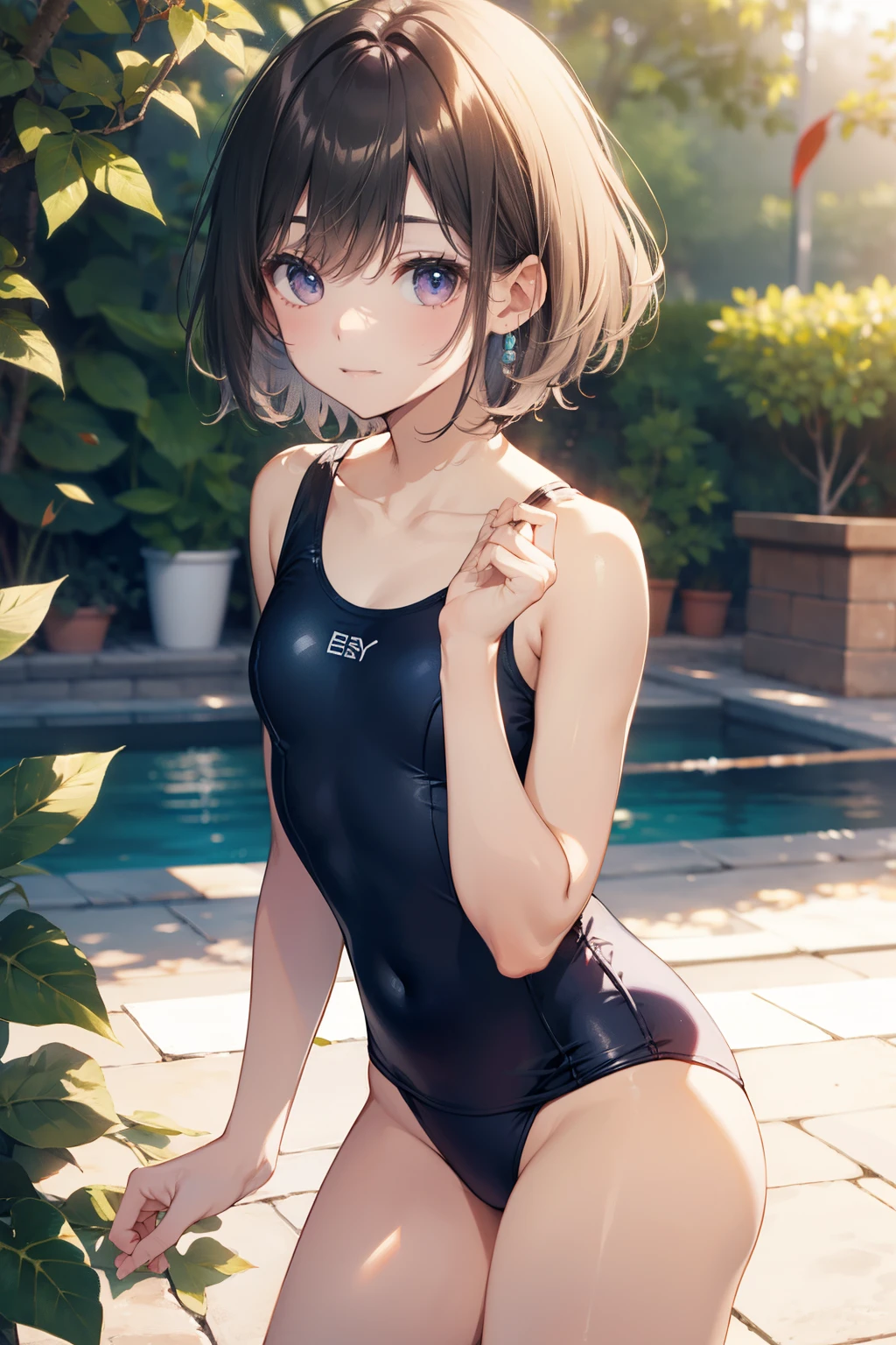 top-quality、Full limbs、complete fingers、Slender beauty、Bery short hair、knee high、white pink school swimsuit、Small eyes、Colored leaves