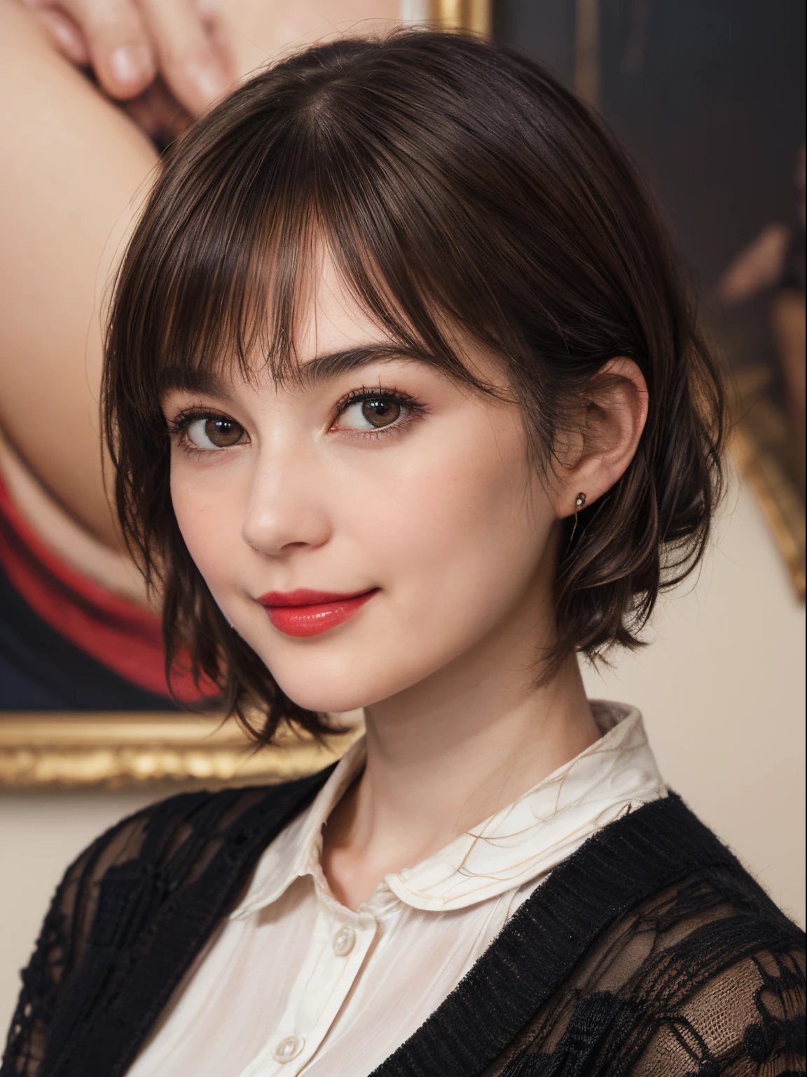 104
(a 20 yo woman,is standing), (A hyper-realistic), (high-level image quality), ((beautiful hairstyle 46)), ((short-hair)), (Gentle smile), (Keep your mouth shut), (The background is a trompe l'oeil), ((trickart:1.46)), (lipsticks)