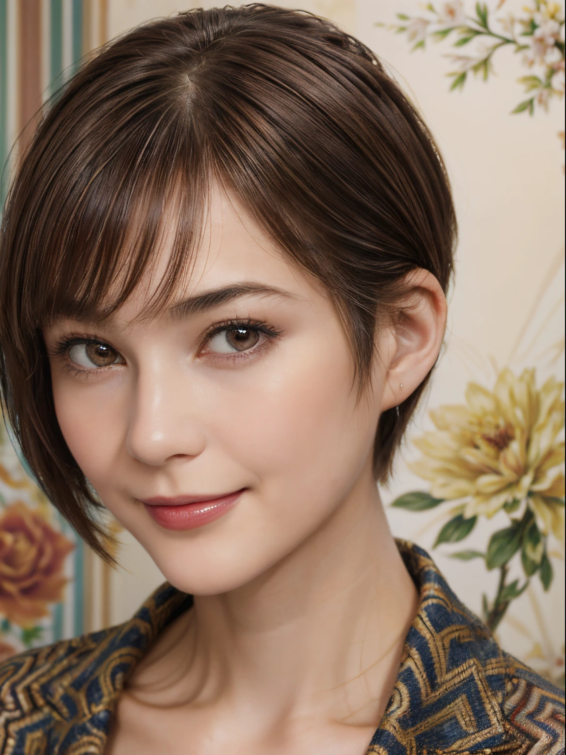 104
(a 20 yo woman,is standing), (A hyper-realistic), (high-level image quality), ((beautiful hairstyle 46)), ((short-hair)), (Gentle smile), (Keep your mouth shut), (The background is a trompe l&#39;oeil), ((trickart:1.46)), (lipsticks)