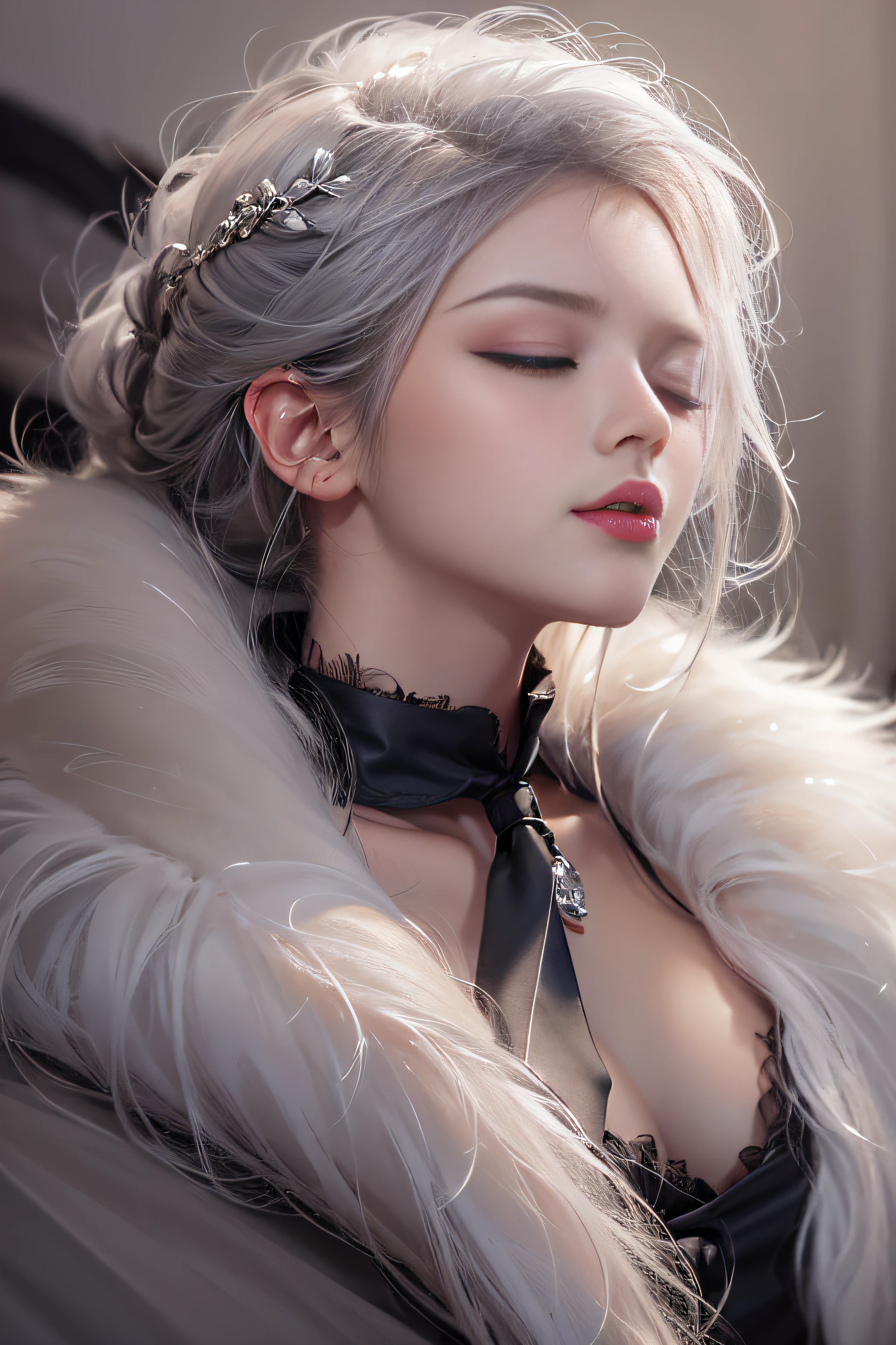 Portrait photo of a girl, Photorealistic, High resolution, 1 Women, Solo, waist-up, Beautiful eyes, Close lips, Detailed face, White hair, Long hair, Collared shirt, black necktie,Black skirt, pencil skirts, Fur coat, Stockings、(Woman lying with head up on a fur bed)Full Body Angle、((Eyes closed))、