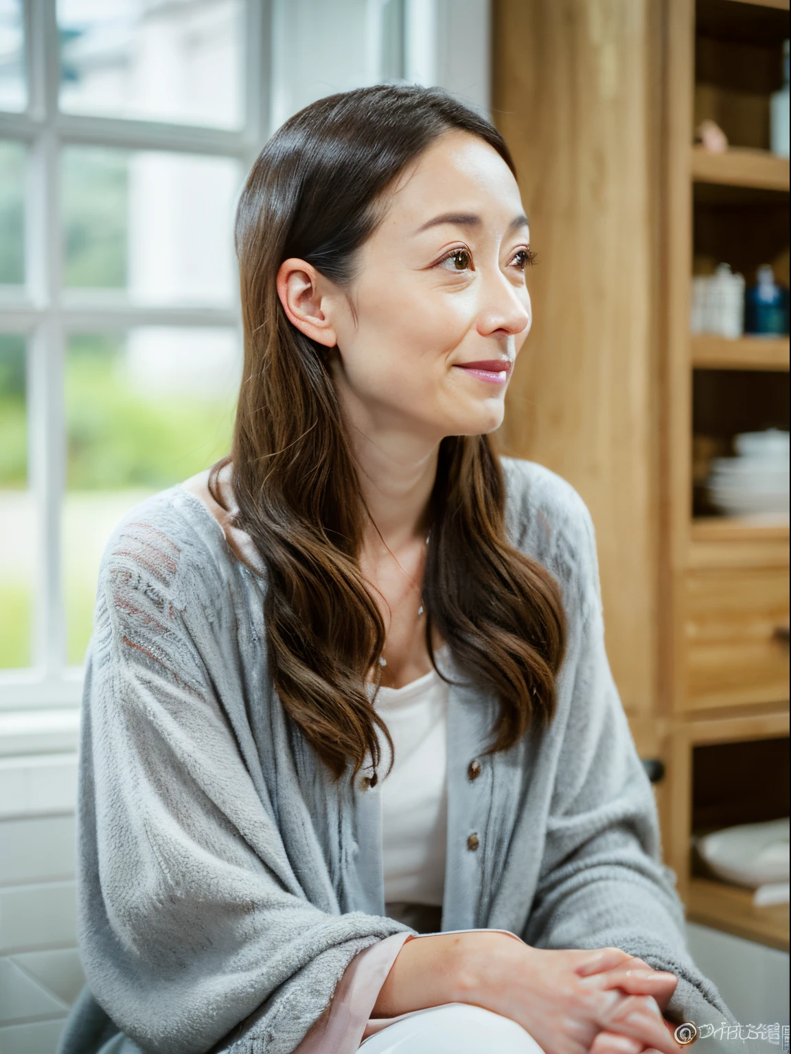 8K、（RAW Photography）、（top-quality）、（Photorealsitic：1.4）Realistic to the touch Realistic、(4K high image quality:1.2)、(High resolution, masutepiece, of the highest quality, high detailing, Official: 1.4), (Realistic: 1.2, hyper realisitic: 1.1, Photorealistic: 1.37), depth of fields, (Detailed description of hair), (Detailed description of face), Incomparable beauty,, (35 years old,: 1.4)、Autumn clothes、Autumn clothes、A little depressed、(white wall room with window、Shot in a beauty salon)、natural soft light、((Medium hair))、reallistic、high-level image quality、hiquality、profile、Various poses using hands、various hairstyles、profile、((semi long hair))