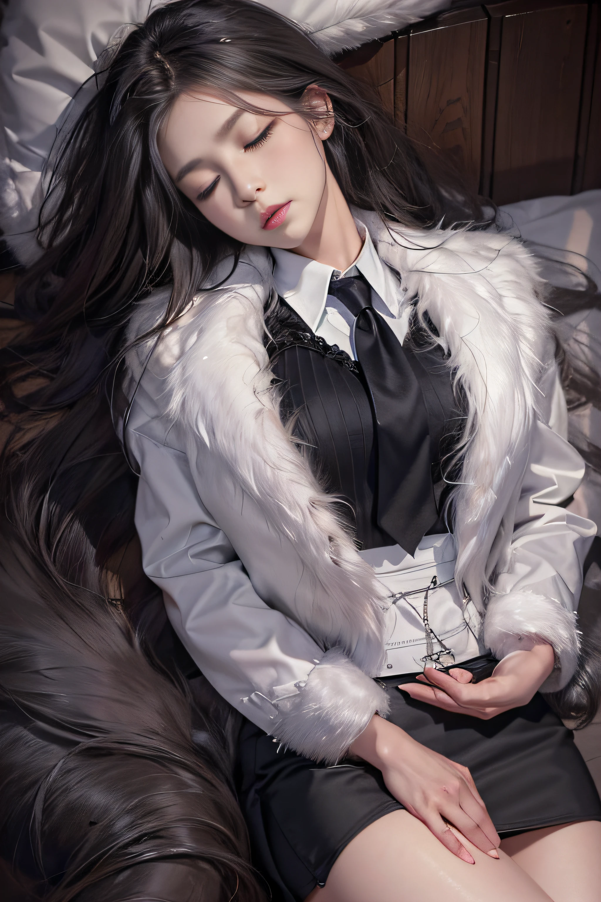 Portrait photo of a girl, Photorealistic, High resolution, 1 Women, Solo, waist-up, Beautiful eyes, Close lips, Detailed face, White hair, Long hair, Collared shirt, black necktie,Black skirt, pencil skirts, Fur coat, Stockings、(Woman lying with head up on a fur bed)Full Body Angle、((Eyes closed))、