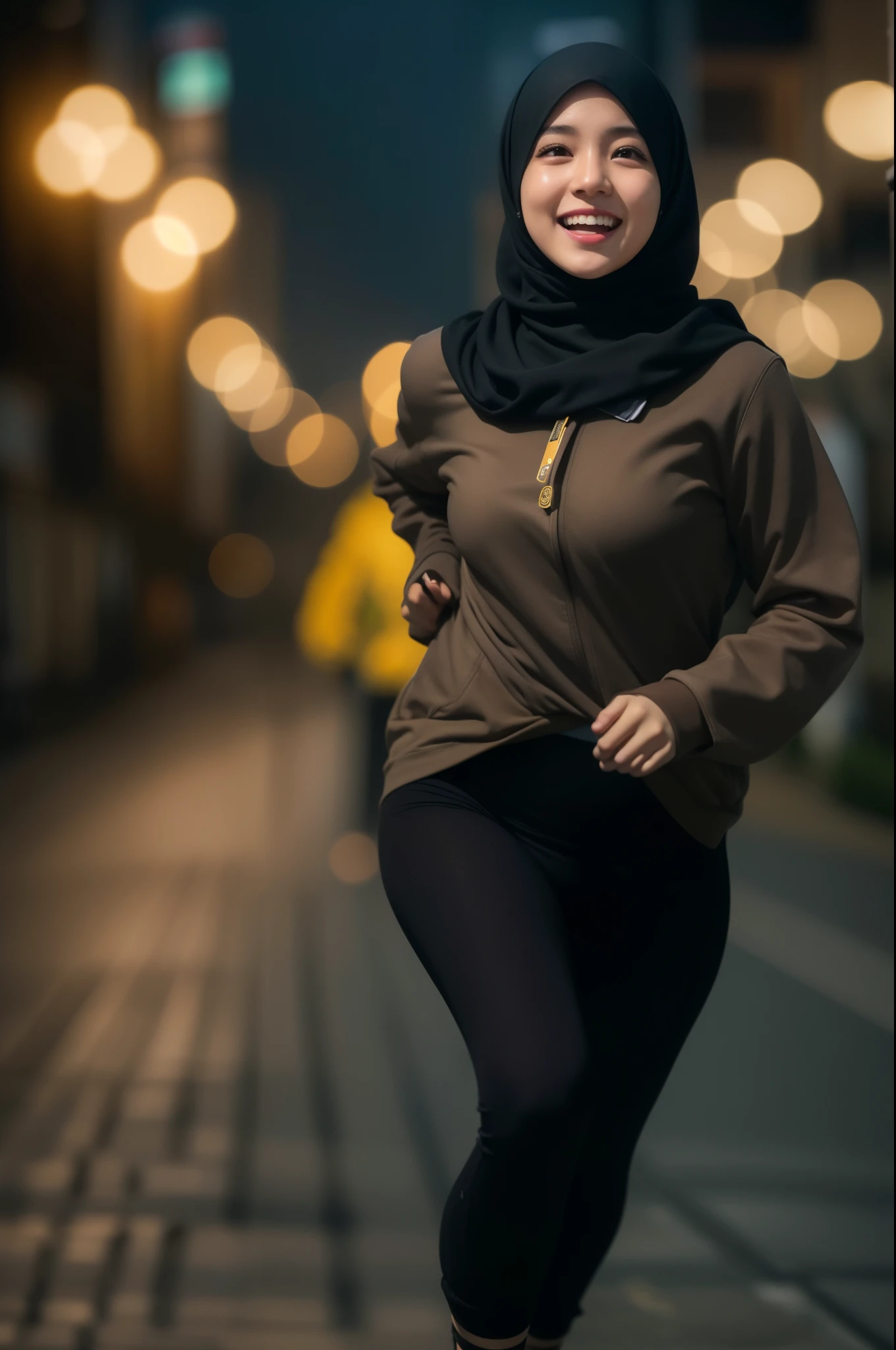 Portrait photo of a young malay girl, (laughing:0.7), (mira filzah face), malaysian, posing, look at a camera, full body,  black hijab, yellow bra and panties, wearing yellow floral underwear, complex city background, backlit, (cinematic:1.5), epic realistic, hyper-detailed, detailed skin texture, camel toe, mole below eye, insane details, intricate details, accent lighting, soft volumetric light, bokeh, (dramatic light:1.2), (neutral colors:1.3), cross process, night background, portraying the motion and grace of running, showing the wind blowing her hijab, fluid movement, capturing the essence of her athleticism and energy, running, ,Prores lense, Low angle shot, Desaturated color grading, rear projection, Tungsten light, Dynamic shadows, indie
