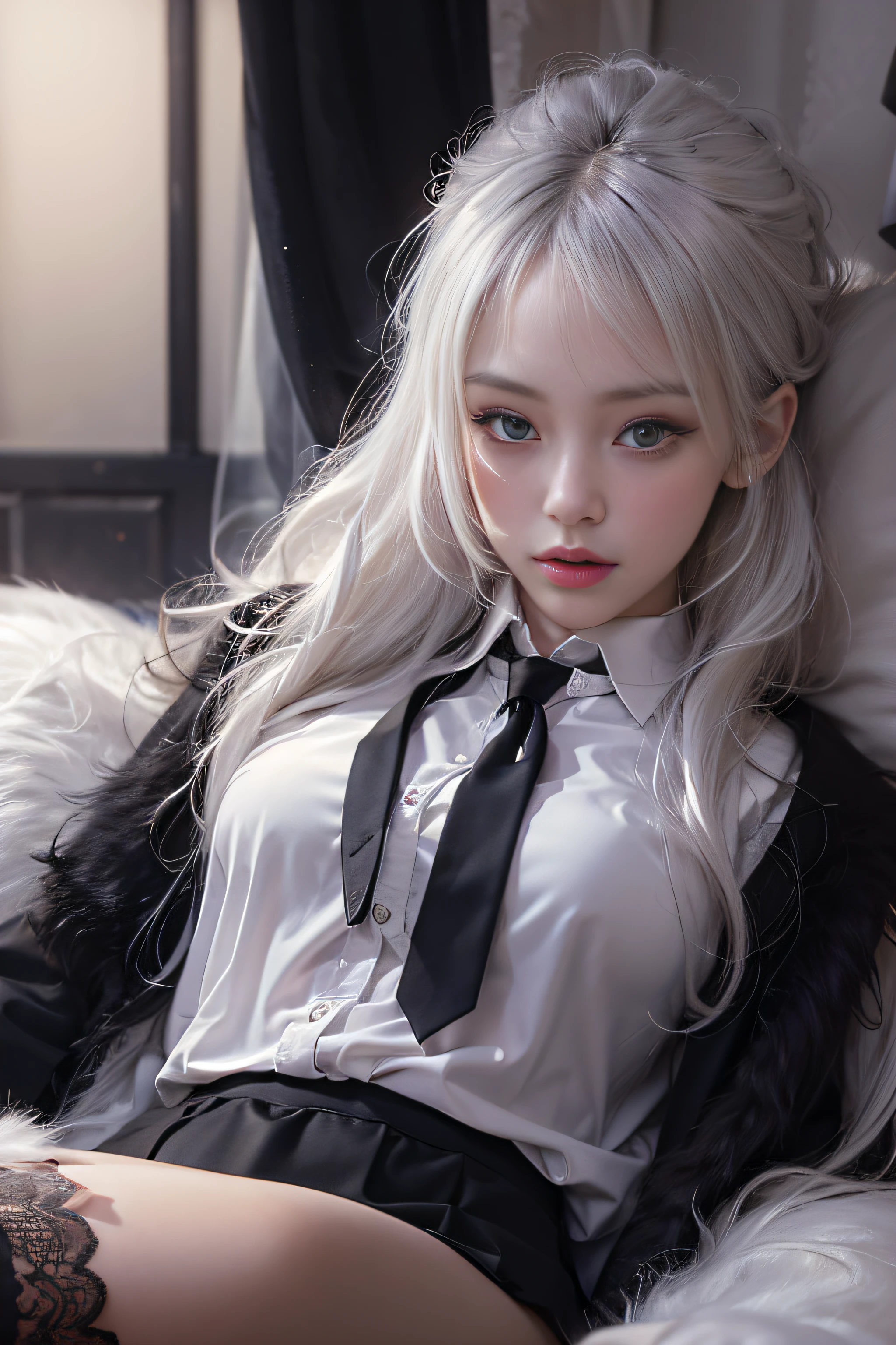 Portrait photo of a girl, Photorealistic, High resolution, 1 Women, Solo, waist-up, Beautiful eyes, Close lips, Detailed face, White hair, Long hair, Collared shirt, black necktie,Black skirt, pencil skirts, Fur coat, Stockings、(Woman lying with head up on a fur bed）Full Body Angle、