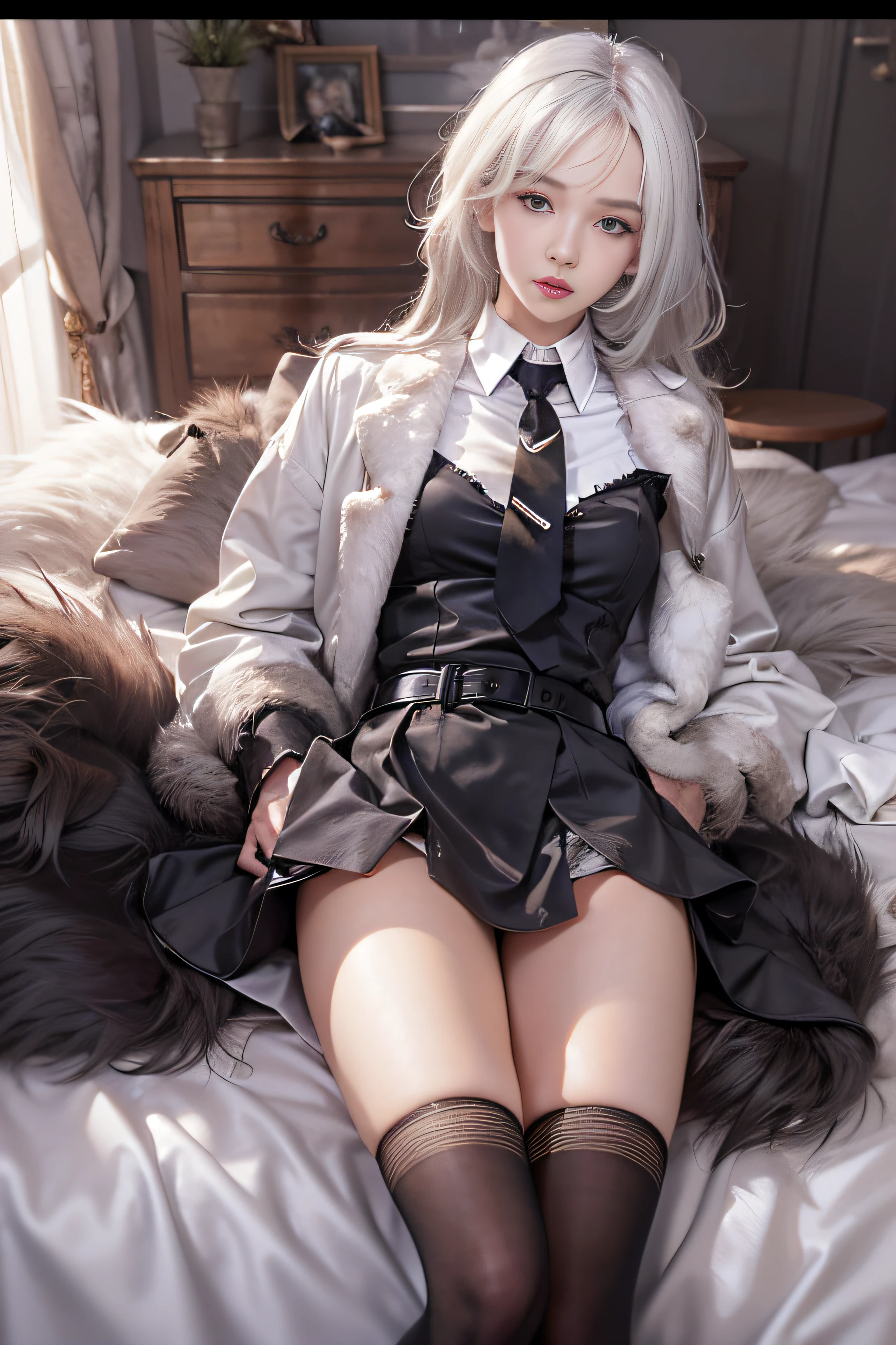 Portrait photo of a girl, Photorealistic, High resolution, 1 Women, Solo, waist-up, Beautiful eyes, Close lips, Detailed face, White hair, Long hair, Collared shirt, black necktie,Black skirt, pencil skirts, Fur coat, Stockings、(woman lying on a fur bed）、Shyness