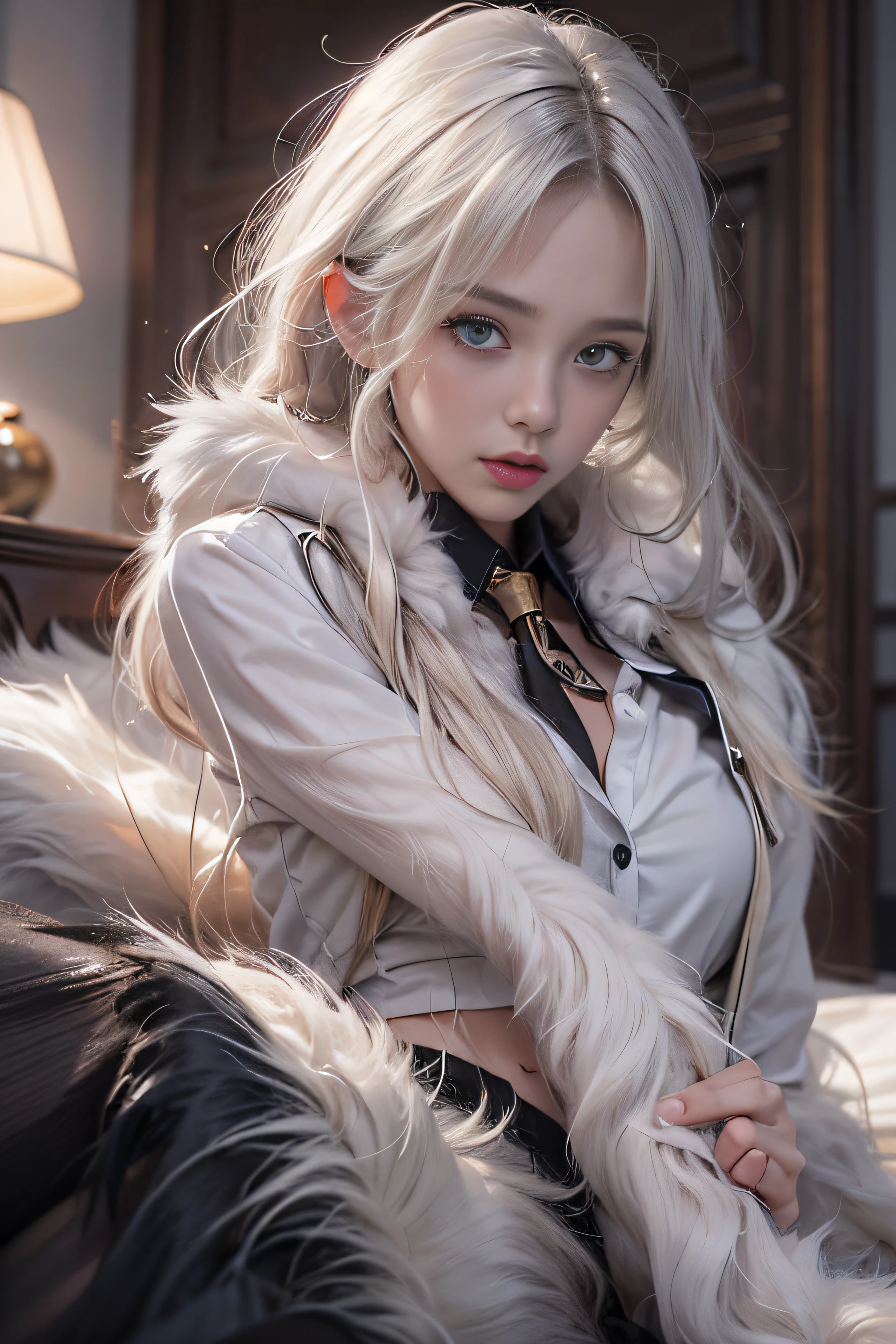 Portrait photo of a girl, Photorealistic, High resolution, 1 Women, Solo, waist-up, Beautiful eyes, Close lips, Detailed face, White hair, Long hair, Collared shirt, black necktie,Black skirt, pencil skirts, Fur coat, Stockings、(woman lying on a fur bed)