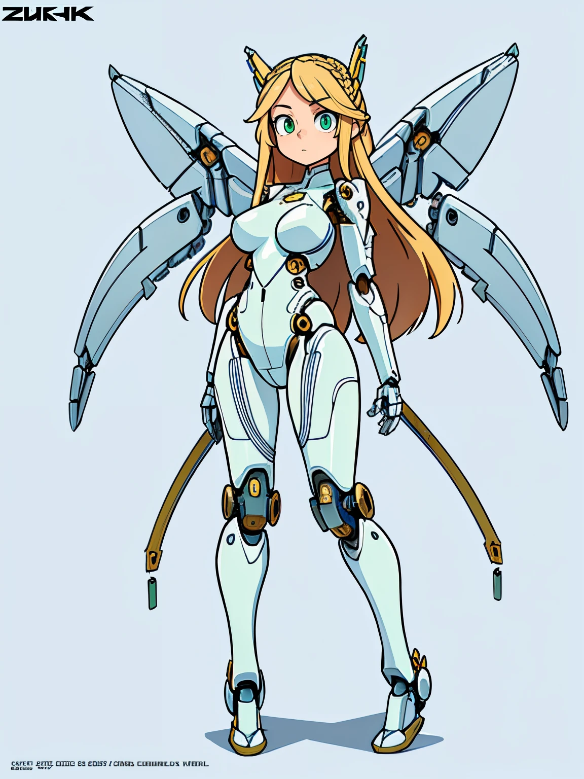 masterpiece, best quality, movie,official art, promotional art, movie wallpaper, extremely detailed CG unity 4k wallpaper, intricate details, white background, full body, concept art, production art, (Mechanical components:1.5),(mechanical prosthesis:1.5), mechanical wings, wings, highres, physically-based rendering, machinery, reflection, realistic, cyberpunk, symmetric front view close up head shot eyes symmetry face very sharp focus realistic award winning matte drawing cinematic lighting
1girl, robot, (illustration:1.1), slim,
fair skin,delicate face, tights,shine, Bodysuit, (blond long hair),green eyes, laboratory,
chip, shine,braid, heterochromia