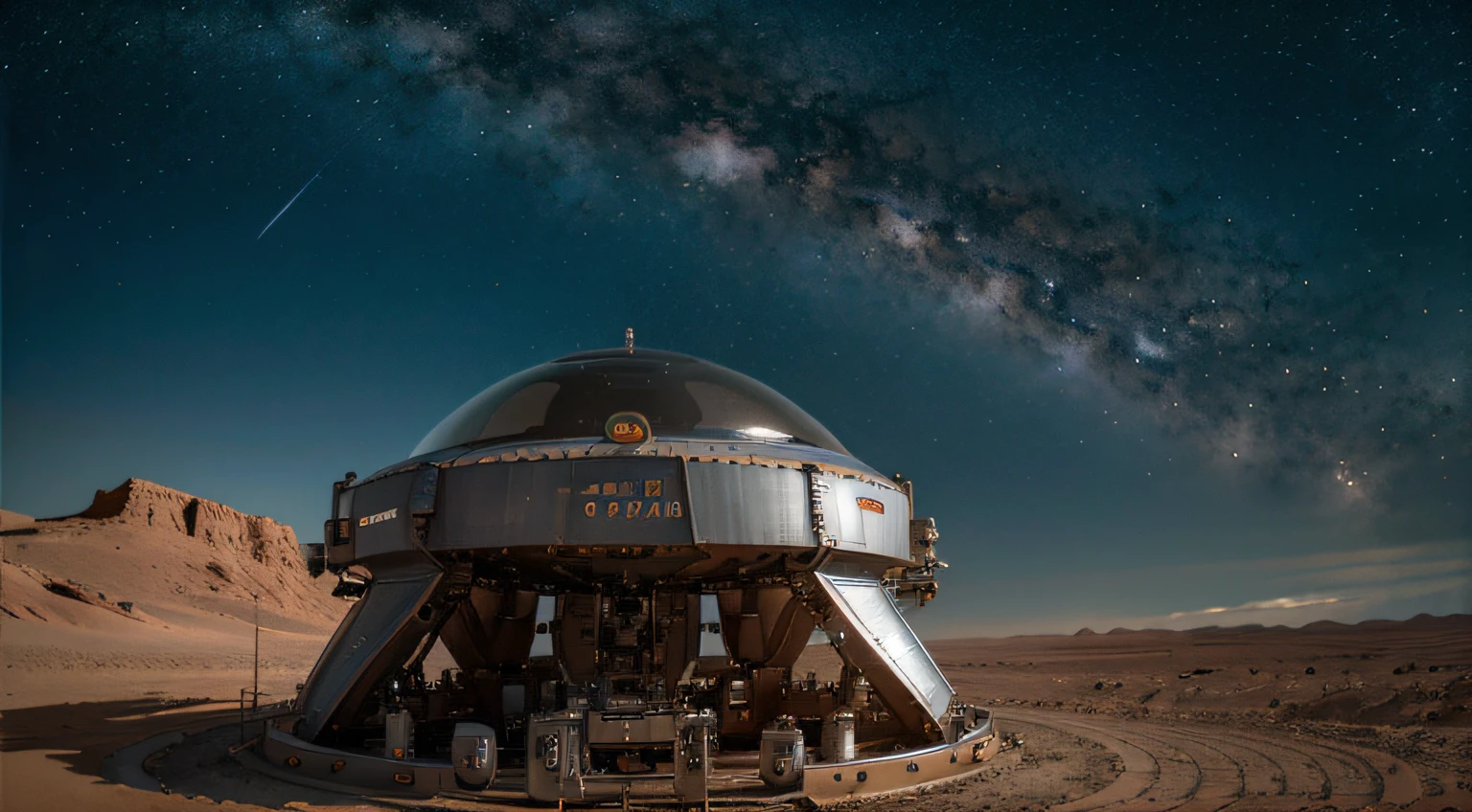 On Mars，cutting-edge，High-tech flight detector。Metallic glossy texture，Beautiful astronauts，The picture is bright，Overlooking、starrysky，In the daytime，Explore vehicle details，ultra-wide-angle，in a panoramic view，High realism，lightand shade contrast