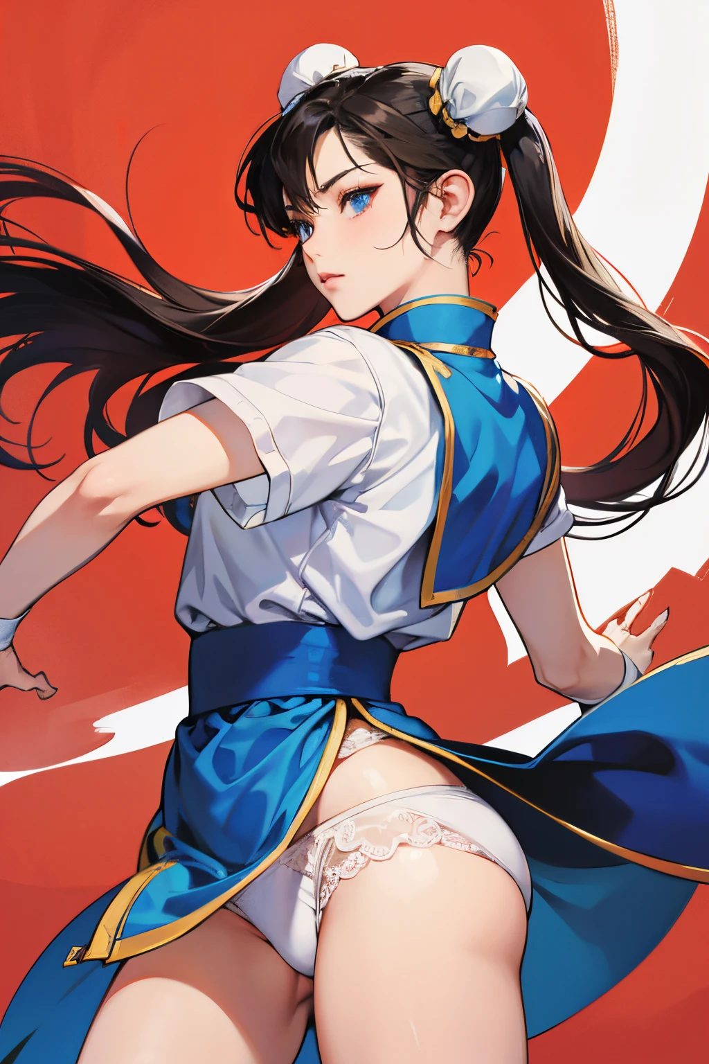 chun-li from street fighters series , white panty , in the streets , red moon , perfect eyes ,