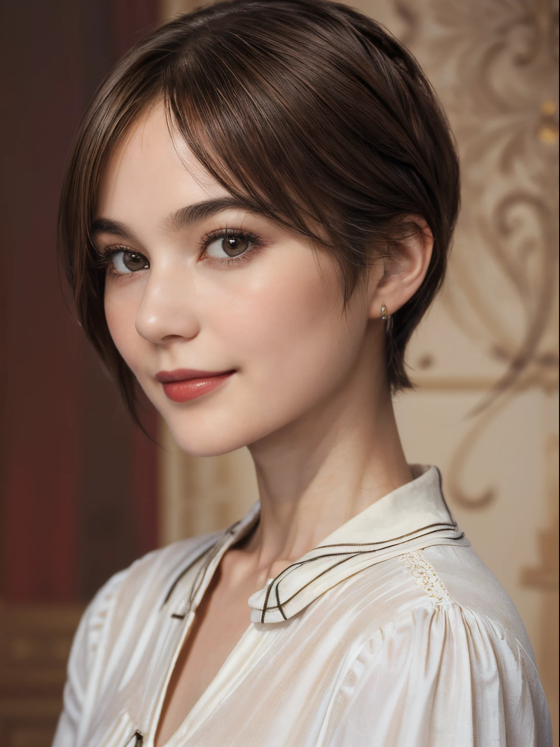 104
(a 20 yo woman,is standing), (A hyper-realistic), (high-level image quality), ((beautiful hairstyle 46)), ((short-hair)), (Gentle smile), (Keep your mouth shut), (The background is a trompe l&#39;oeil), ((trickart:1.46)), (lipsticks)