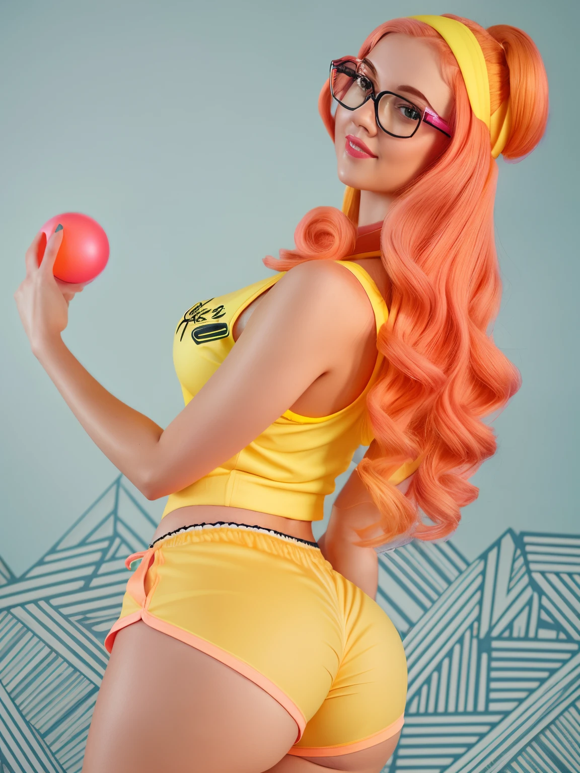 young woman in yellow top and yellow booty shorts holding a pink ball, honey lemon, honey lemon from big hero 6, girl pinup, long orangish red hair, bubble butt, wearing pink frame glasses, green eyes, plump lips, hyperrealistic