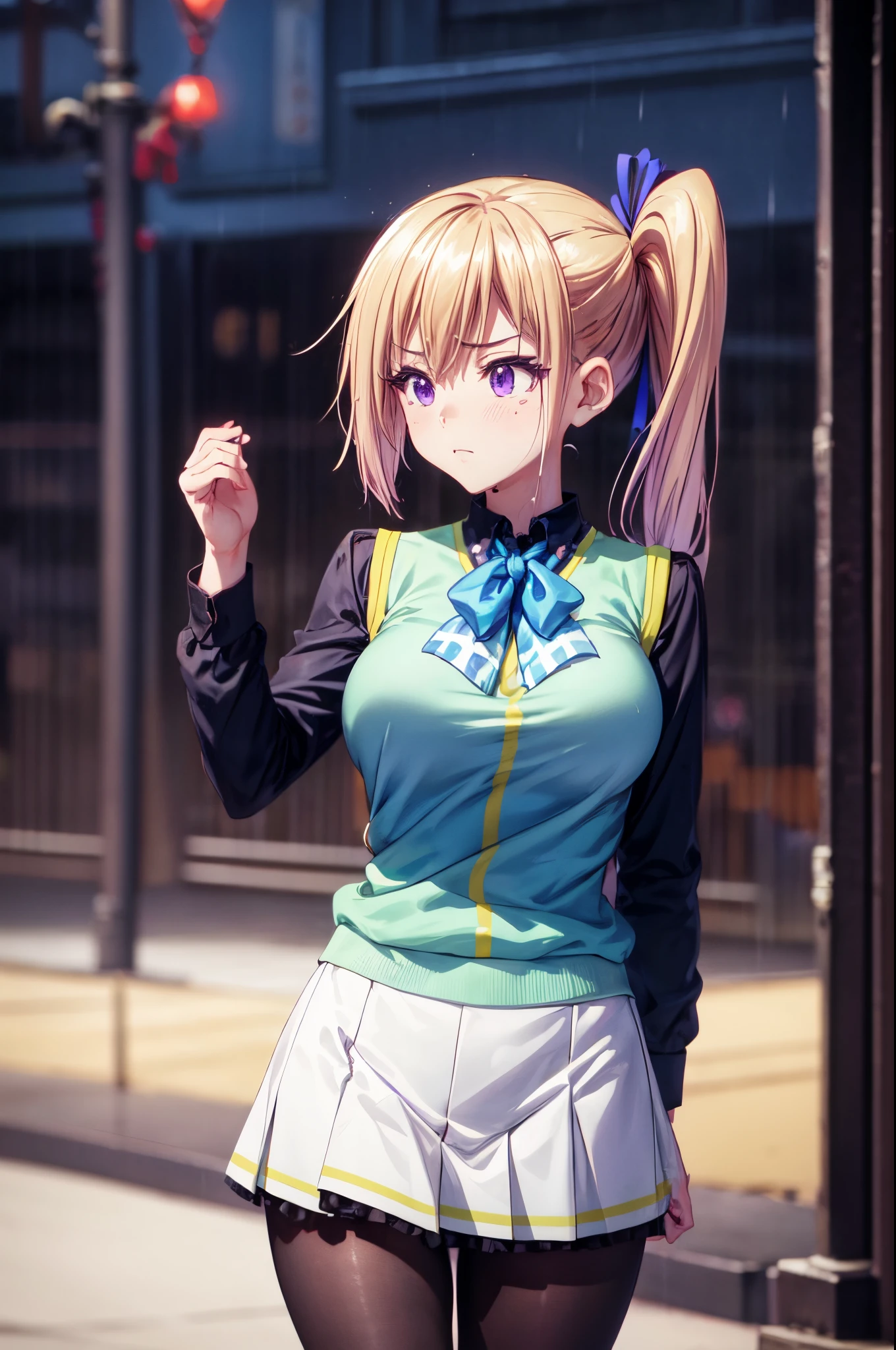 (masterpiece), 8k ultra hd , high quality, best quality, expressive eyes & face, cute sulking, perfect face, perfect body, perfect body beautiful, 8k ultra hd , high quality, hair clip, shining hair, wearing tights , pink skirt , navy blue shirt,tug in shirt,perfect eye & eyebrow, kawakami_mai, long hair, large breasts, blonde hair, purple eyes, hair ribbon, ribbon,single side ponytail, mole under eye, school uniform, sweater vest, anime style,heavily raining, drenched , blushing