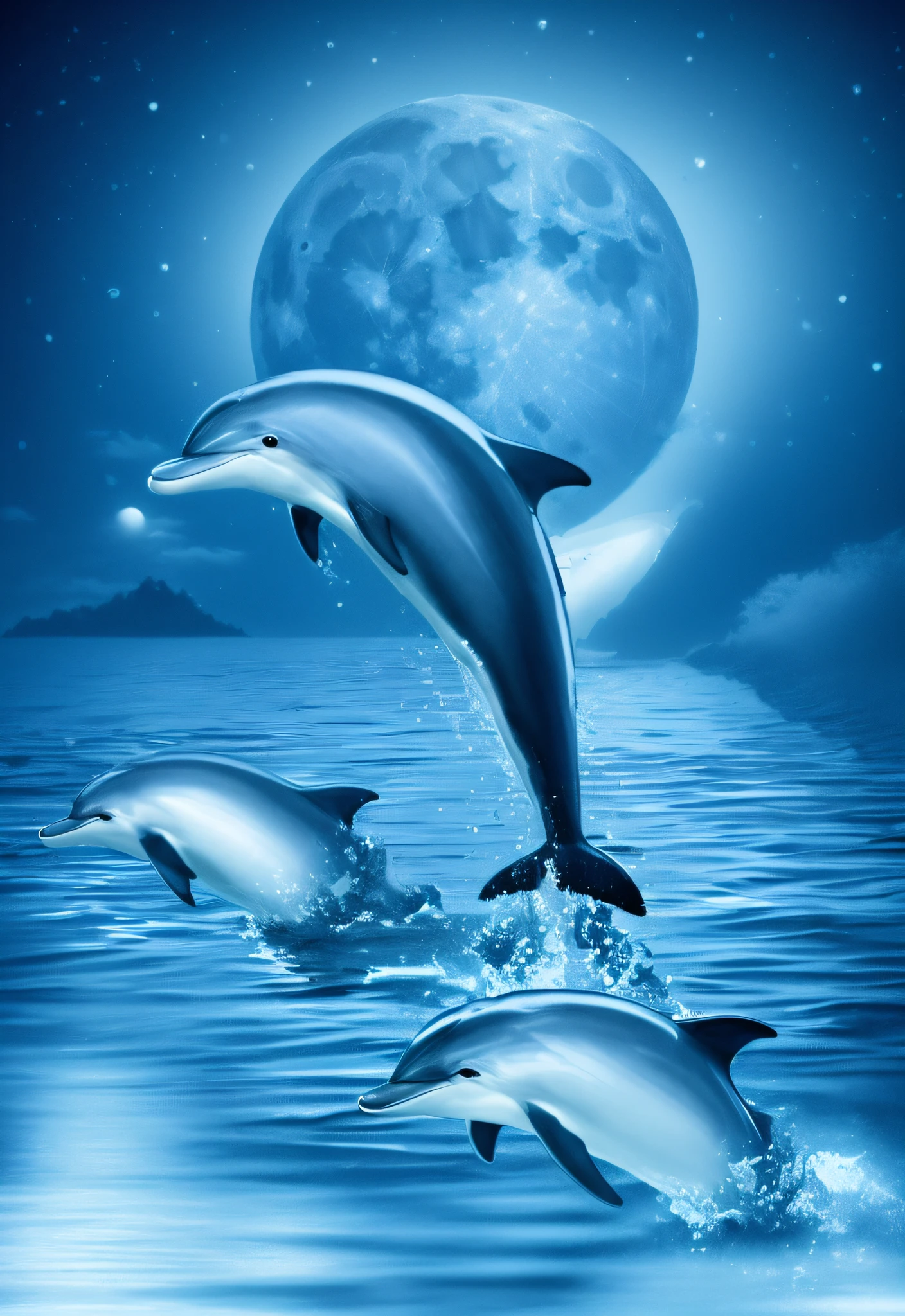 Dolphins jumping out of the water at night,The background is the full moon, dolphins, Dolphins swim, beautiful as the moon, beautiful wallpaper, rays of moonlight