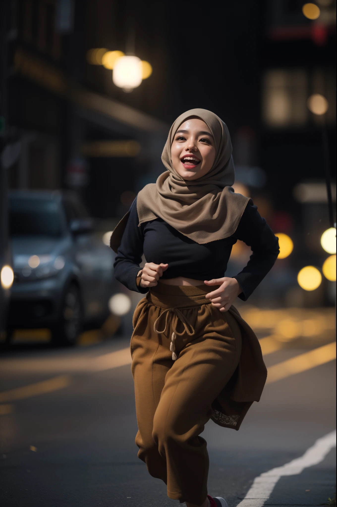 Portrait photo of a young malay girl, (laughing:0.7), (mira filzah face), malaysian, posing, look at a camera, full body, black hijab, yellow bra and panties, wearing yellow floral underwear, complex city background, backlit, (cinematic:1.5), epic realistic, hyperdetailed, detailed skin texture, camel toe, mole below eye, insane details, intricate details, accent lighting, soft volumetric light, bokeh, (dramatic light:1.2), (neutral colors:1.3), cross process, night background, portraying the motion and grace of running, showing the wind blowing her hijab, fluid movement, capturing the essence of her athleticism and energy, running
