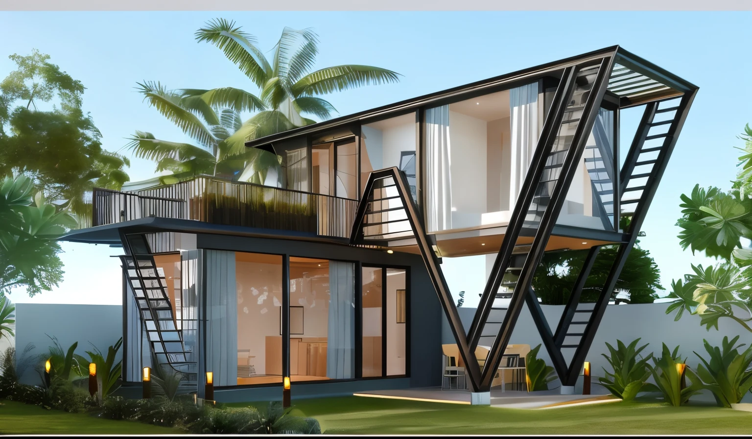 Organic modern architecture on a fairly large plot, There is a swimming pool in the middle of a large one-story house, cor da casa em vigas marrom chocolate e preto, large modern residence, telhados planos e jardim, render luxcore, render oktane, a photorealistic rendering, architectural render, mantra rendering, architectural render, realism rendering, architectural visualisation, piscina de bem-estar, architectural visualisation, grandes zonas verdes, com pequenas zonas de flores de lavanda, arbustos verdes tipo exuberante jardim verde, swimming pool embedded in an area of sand, oliveiras e pinheiros ao redor da casa, Swimming pool embedded in a sandy area, modern garden electric bulbs, impressive evening sky and scenery