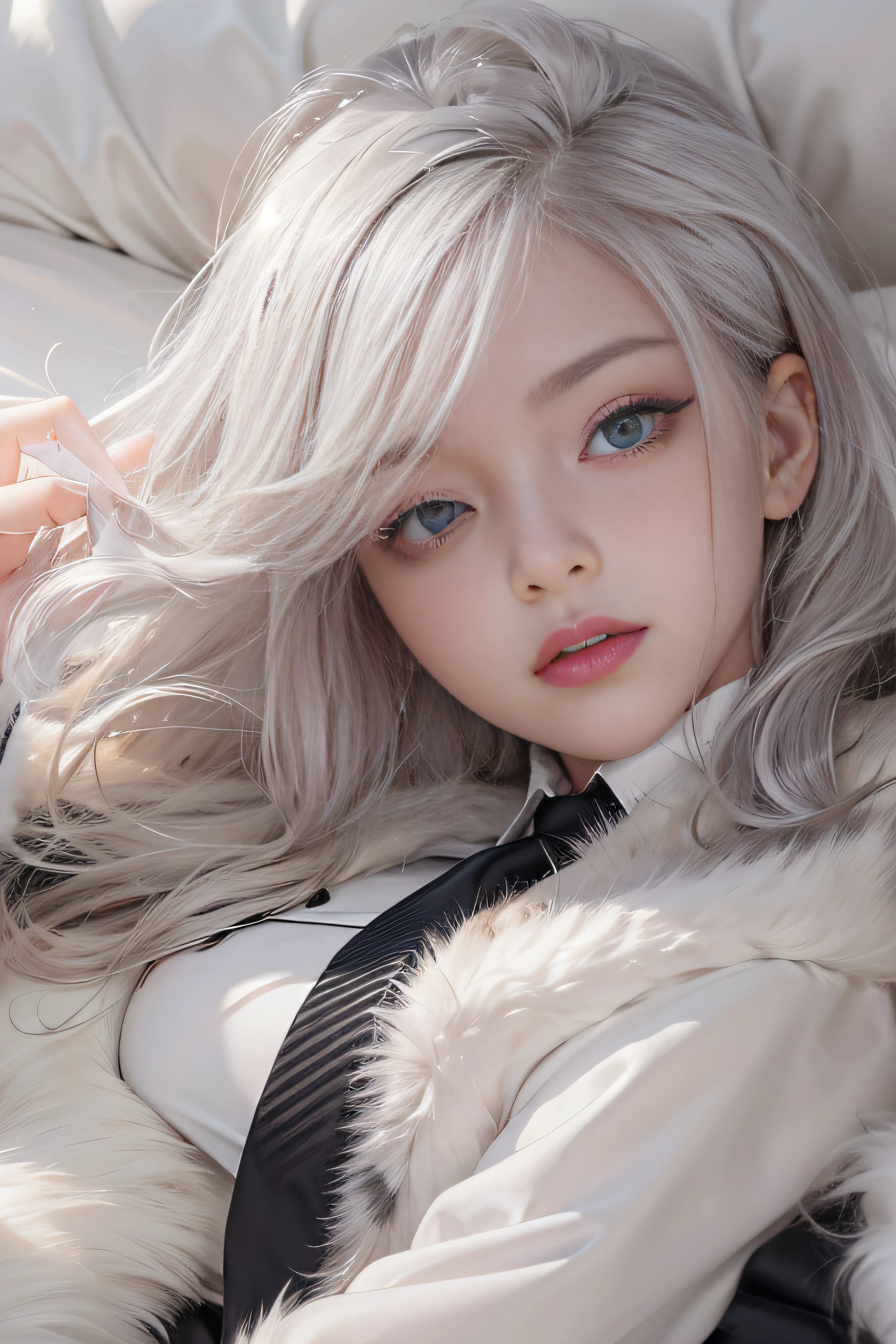 Portrait photo of a girl, Photorealistic, High resolution, 1 Women, Solo, waist-up, Beautiful eyes, Close lips, Detailed face, White hair, Long hair, Collared shirt, black necktie,Black skirt, pencil skirts, Fur coat, Stockings、(Woman lying with her head up on a fur bed）