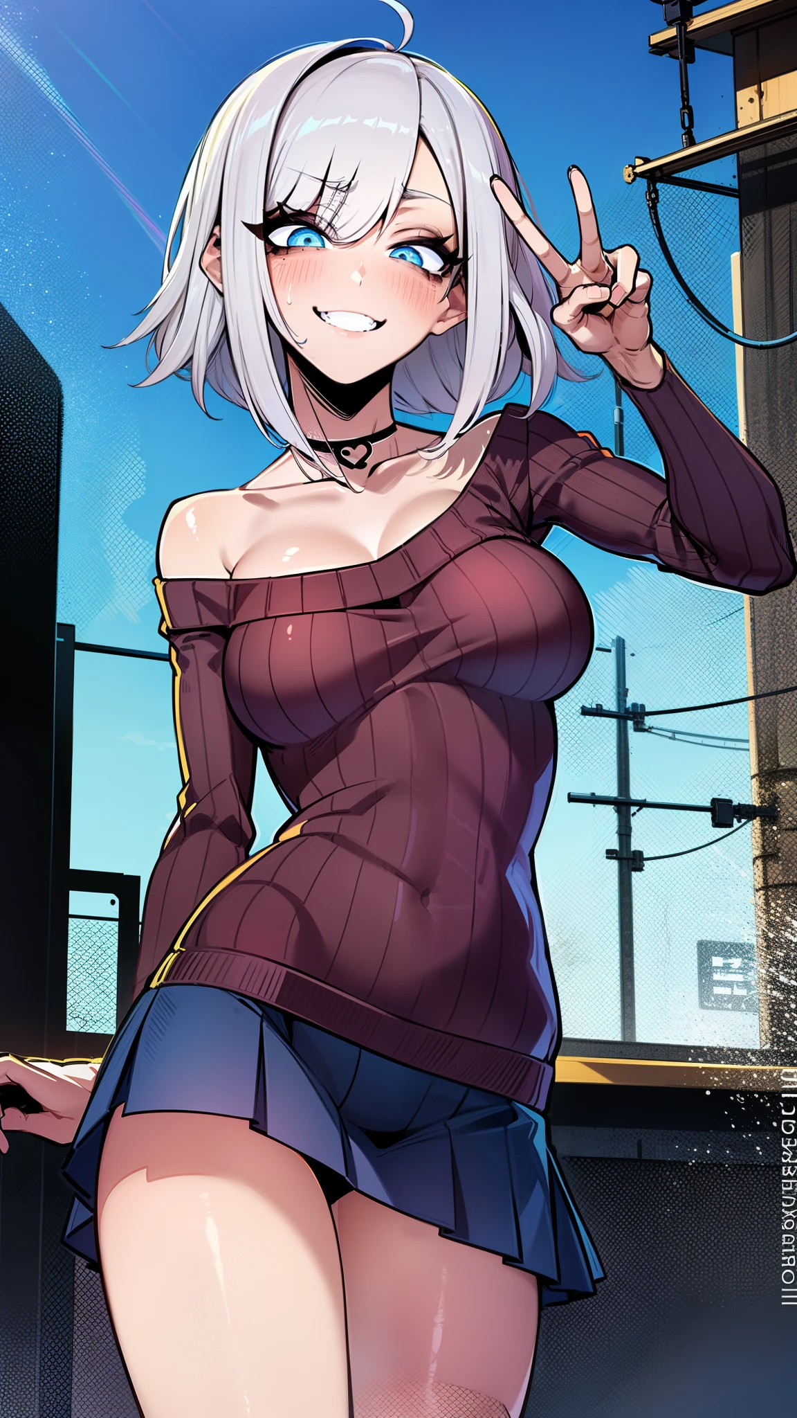 1girl, long hair, short hair, smile, blush, outdoor, cowboy shot, sweater, skirt lift, 2d art, splash art, illustration, digital art, looking at viewer, seductively posing, best quality, hard shading