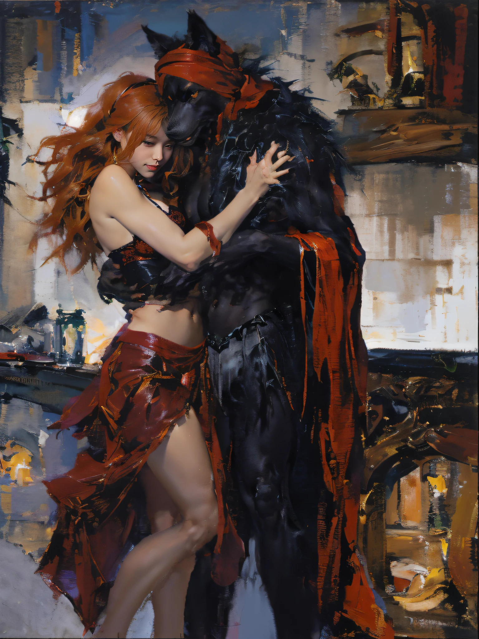 Depicts a strong werewolf hugging a blonde girl，(((black humanoid wolf)))，(((Black furry humanoid wolf)))，(((Strong werewolves)))，(((muscular werewolf)))，(((slim sexy girl)))，(((Blonde girl)))，(((Girls wear：red head band, white bustier,  red long skirt，laced dress)))，((Sexual suggestiveness))，Correct anatomy，详细的脸, A detailed eye，(((the right proportions)))，City at night，The lights came on，scene of serious conflict，Warm color palette，(post impressionist),(Fechin Oil Painting - Fechin Oil Painting , oil painted), 001