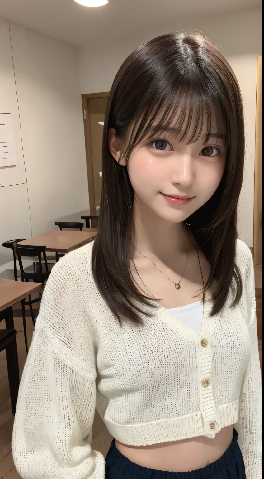 NFSW、masutepiece、masterpiece、1 girl in、(close up of face、cowboy shot)、Straight front view、japanes、very young cute woman、(The cutest girl in the world)、15yo student、Smaller face、large full breasts、Autumn knit jacket、Sheer inner、Chiffon skirt、Ultra-detailed costumes、Smiling in a café、Scrunchie、Thin necklace、Glamorous figure、hyper cute face、shiny lip、Double eyelids in both eyes、 natural make up、long eyeslashes、shiny smooth light brown hair、bangss、Short twin tail hair、asymmetrical bangs、image in center、8K分辨率、high détails、Detailed hairstyles、A detailed face、spectacular movie lighting、octane renderings、with a vibrant、Ultra-realistic、Perfect limbs、perfect anatomia