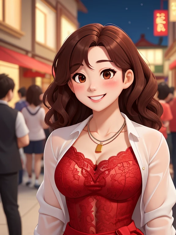 attractive korean woman, ripped muscle, muscular body, small breast, pale skin, smile(blush), red lace dress, thin necklace, sixpack abs, [ultra detailed skin:1.2], brown hair, wavy hair, 8k uhd, full body, stand, crowd, public, night,