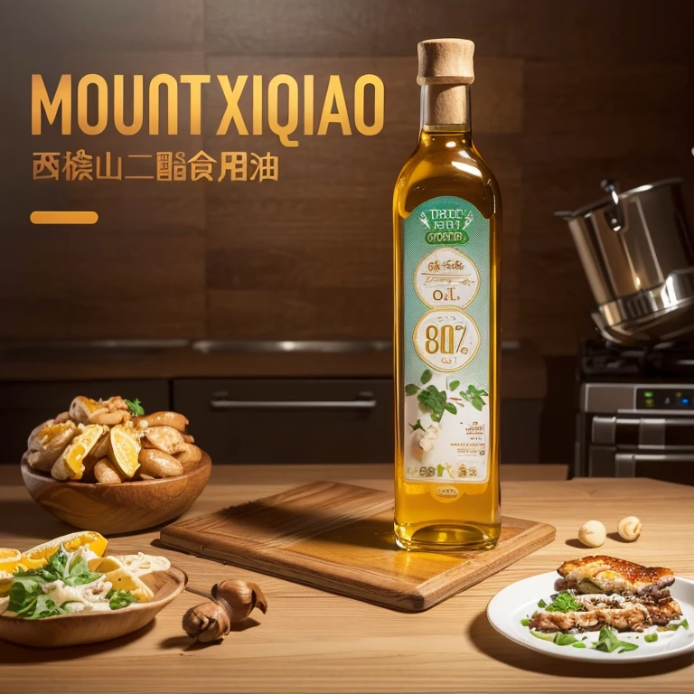 Edible oil product pictures, tmasterpiece,Best quality,(Very detailed CG unified 8k wallpaper),(The best illustrations),Kitchen scene,Excellent food,dingdall effect,ultra - detailed,ray traycing,wide angles